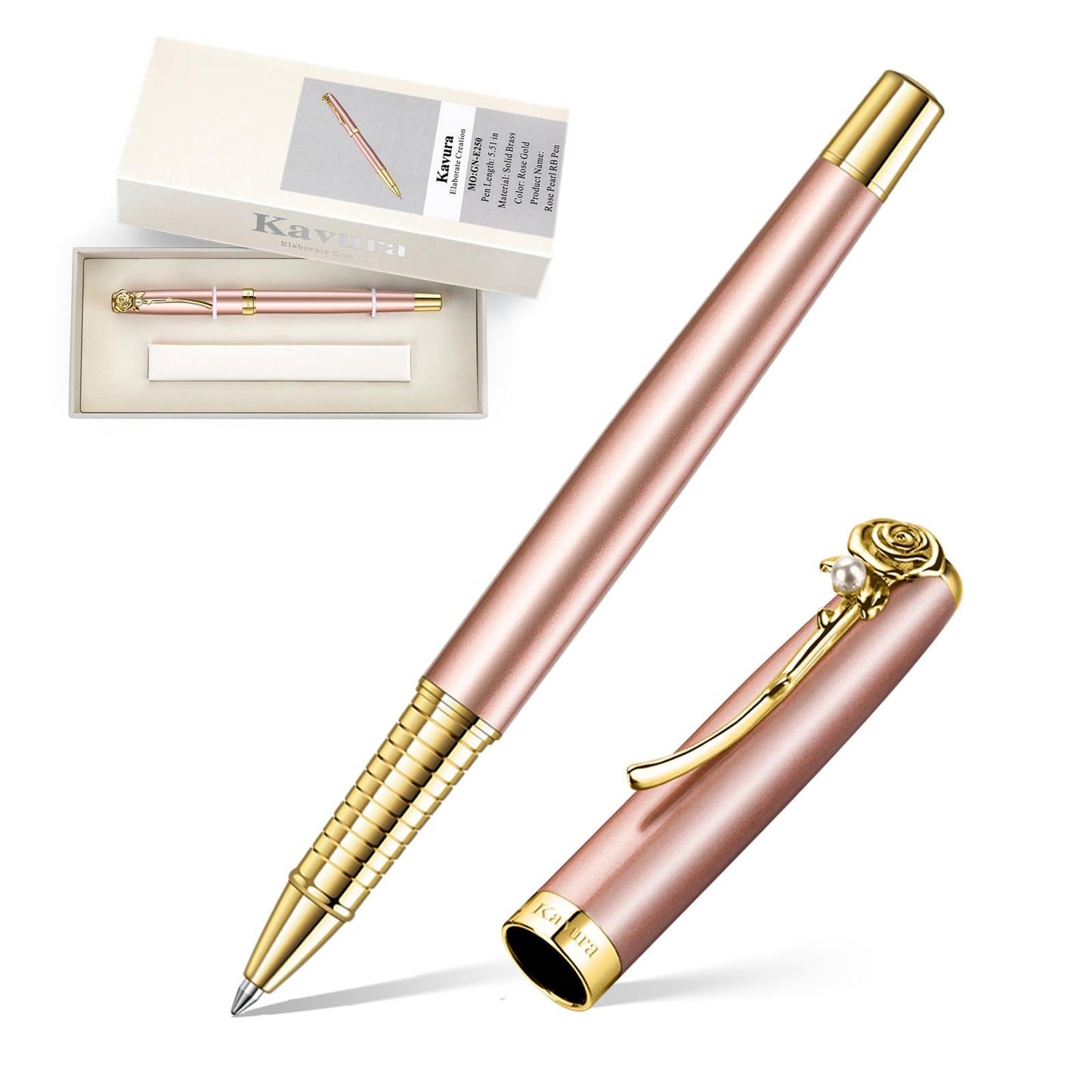 Kavura Rose & Pearl Rollerball Pen – Luxury Brass Pen Gift Set for Women, Jewelry-Inspired Design, Glossy Finish, with German Refill, Romantic Gift for Her, Anniversary & Valentine’s Day (Rose Gold)