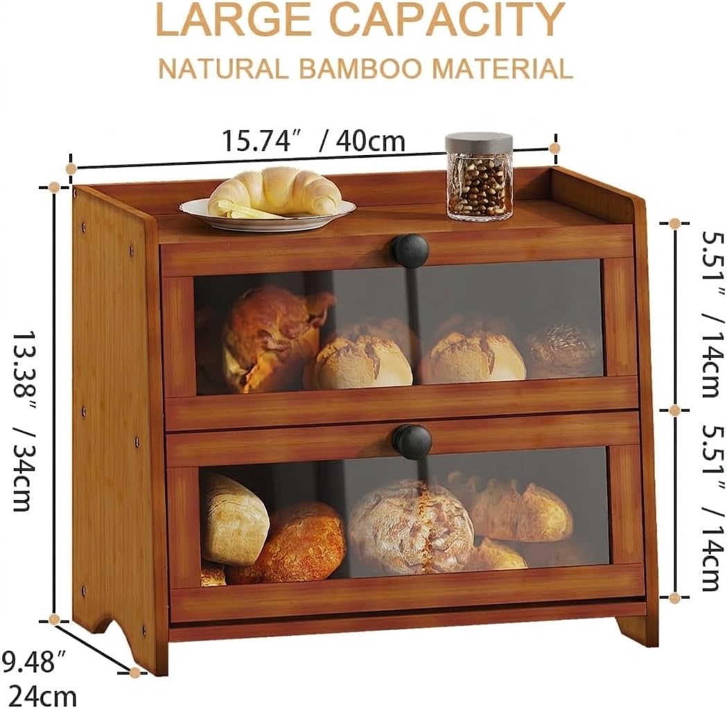 BAMBANG Bread Box for Kitchen Countertop, Extra Large Bamboo Bread Storage Container for Homemade Bread, Double Layer Sourdough Breadox, Bread Bin Organizer for Counter Cabinet Pantry, Brown