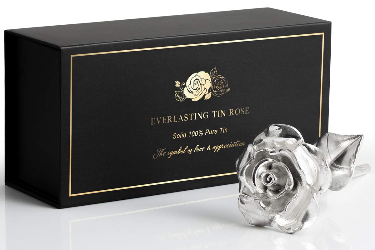 BESZONE Tin Rose 10th Anniversary for Her Gift - Tin Gift 10 Year Wedding Anniversary for Wife Couples, Solid Pure Casted Everlasting Rose Tenth Decoration Aluminum for Him