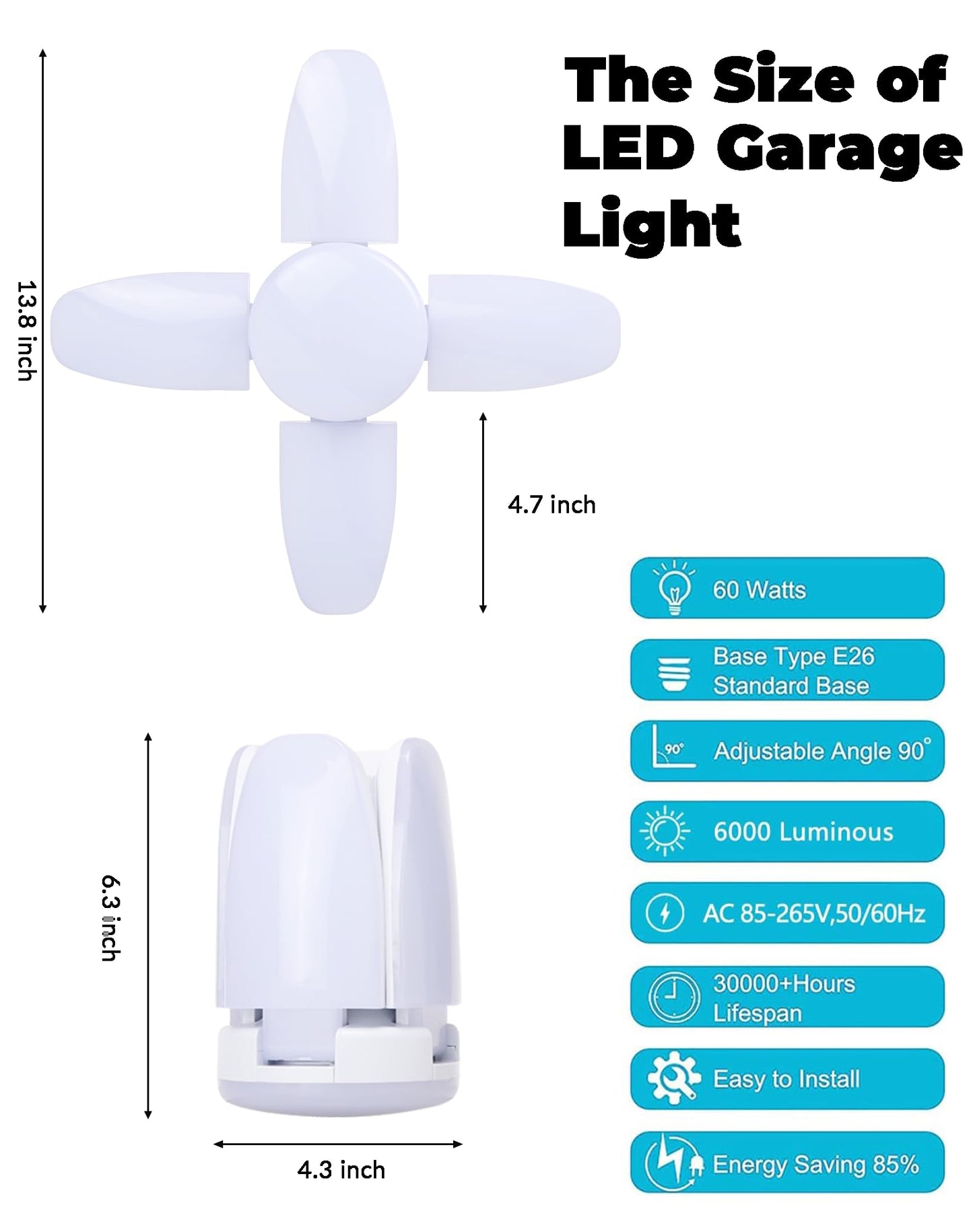 4 Pack LED Garage Lights, 6000LM 60W Deformable Shop Light with 4 Adjustable Panels, 6000K Garage Lights Ceiling Led, E26 Base - 360° Foldable Design for Warehouse/Basement/Workshop