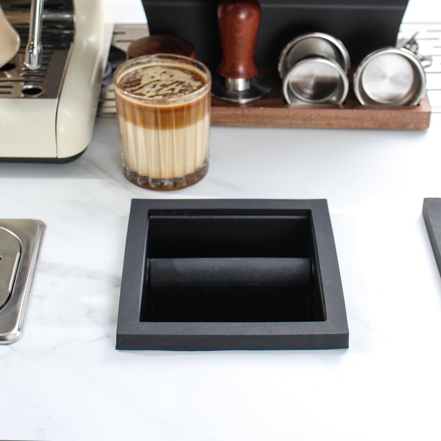 DIBTSA Espresso Coffee Ground Knock Box Chute, Built-in Desktop Waste Bucket, Stainless Steel Bottomless Knocking Residue Box (Rectangle)