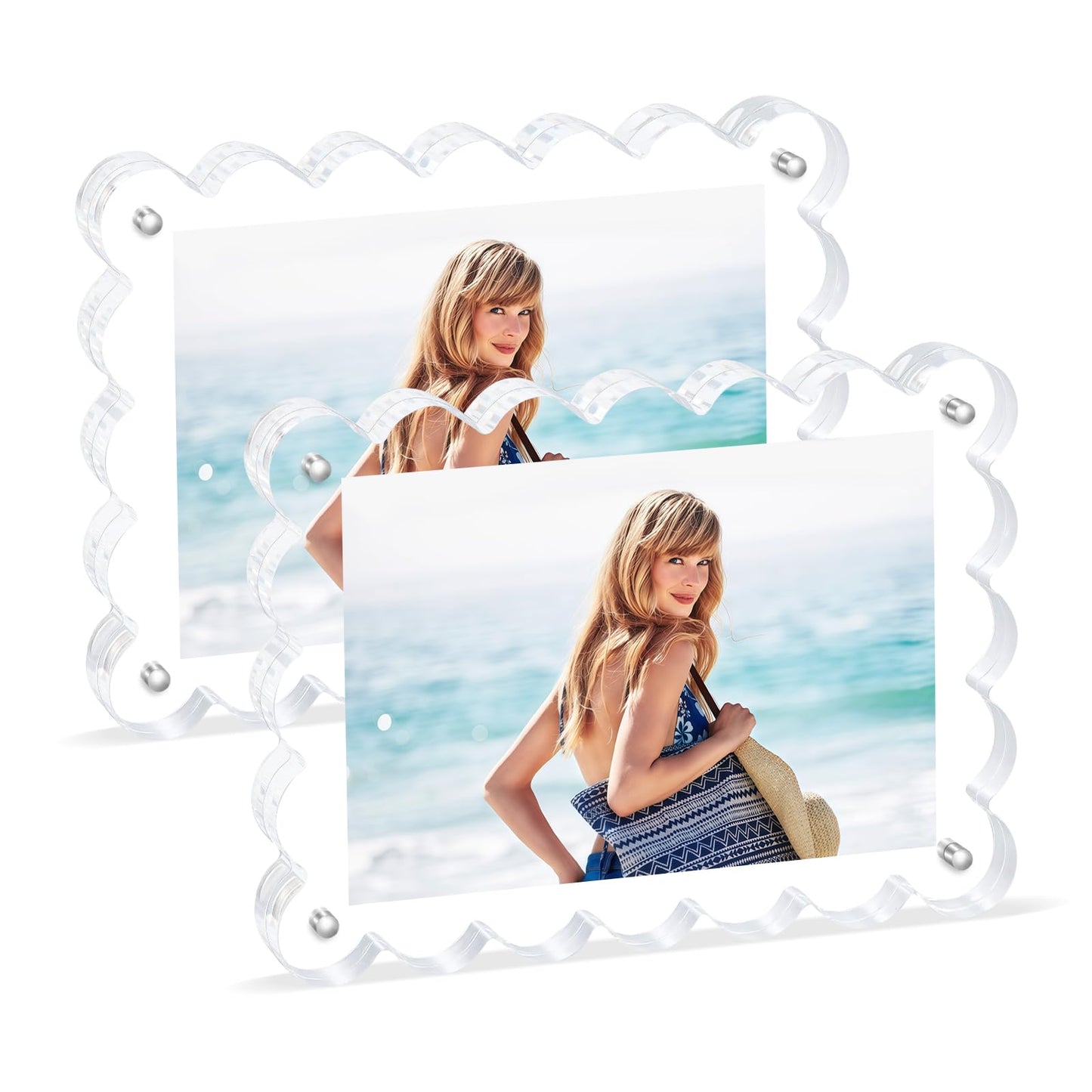 Novacrylion Scalloped Magnetic Picture Frame 4x6 Inch - 2Pack Clear Acrylic Photo Frame, 20mm Thick Double-Sided Magnet Design, Trendy Desktop Display for Home/Office Decor (2 Pack, 4X6)