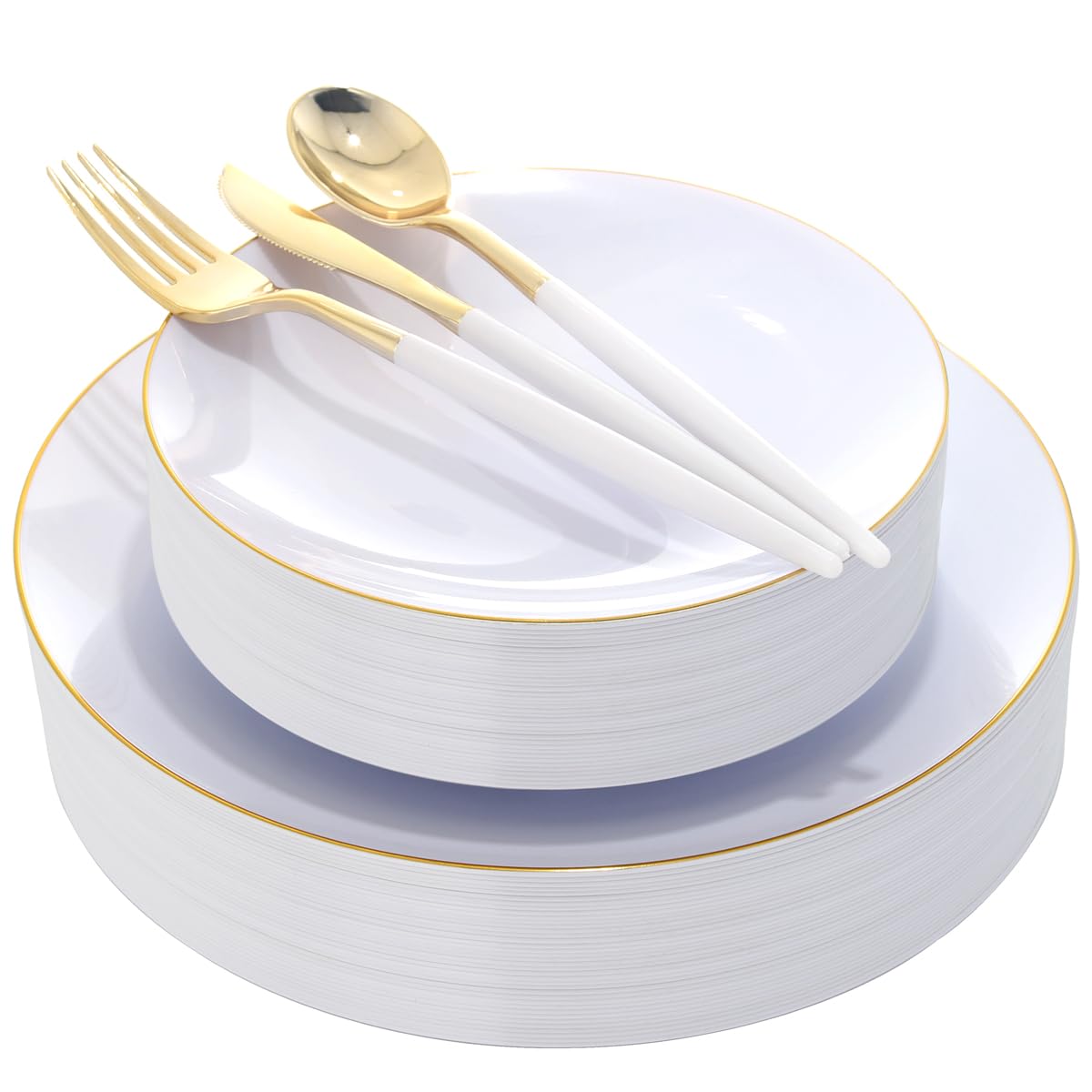 DaYammi 150Pcs Gold Plastic Plates with Disposable Silverware,White Gold Disposable Dinnerware Set - 30 Dinner Plate,30 Dessert Plate,90 Gold Cutlery with White Handles,Fancy Plates for Party Wedding
