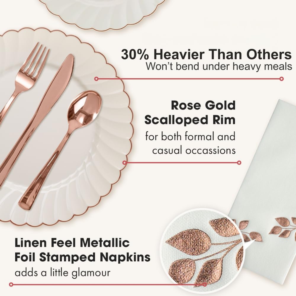By Madee HEAVYWEIGHT 175 Pc Fancy Disposable Dinnerware Set | Ivory Rose Gold Scalloped Plates and Napkins, Cutlery Elegant Disposable Plates Set for Wedding, Bridal Shower, Baby Shower (25 Guests)