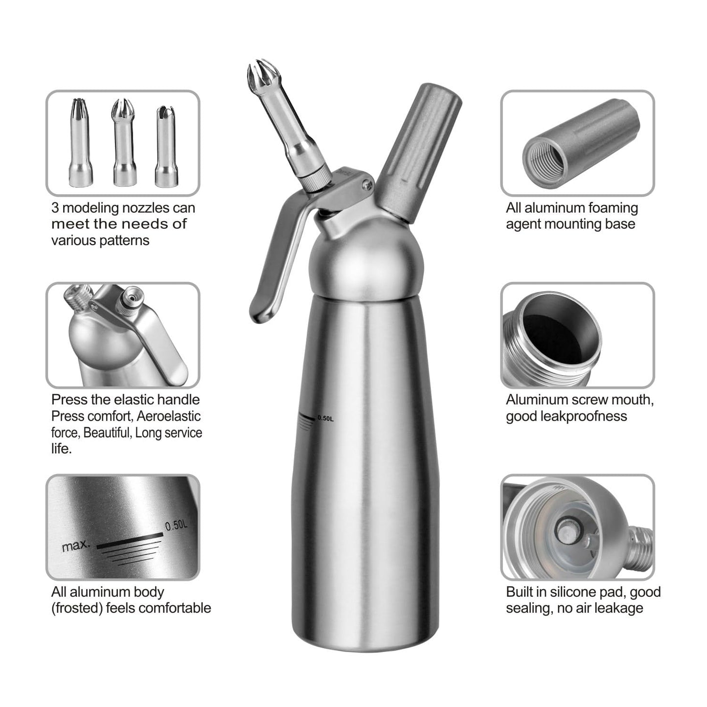 Professional Aluminum Whipped Cream Dispenser Cream Maker 500mL (1 Pint) for Desserts Gourmet Cream Whipper with 3 Decorating Nozzles- N2O Chargers (Not Included)