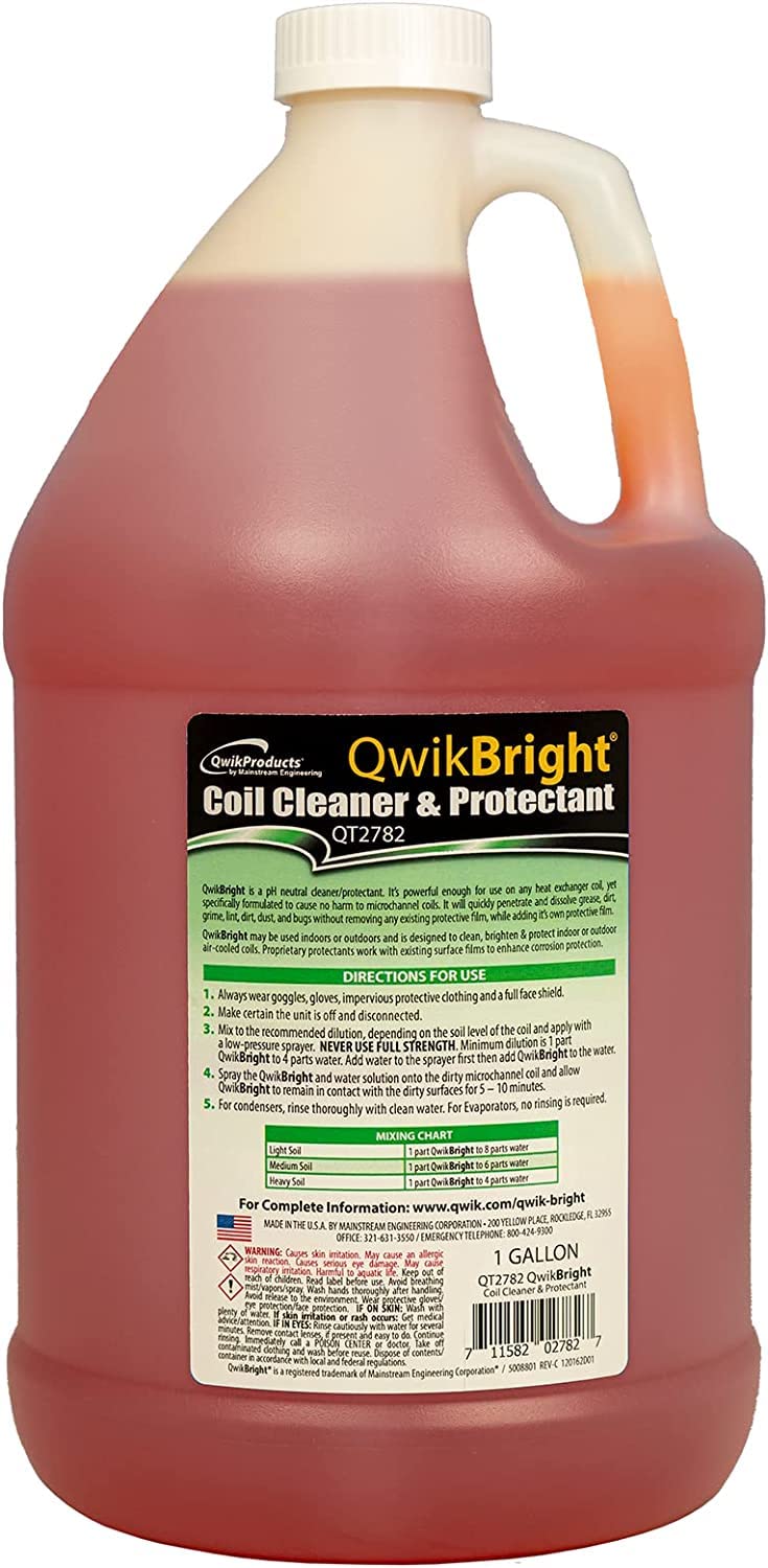QwikProducts QwikBright Coil Cleaner and Protectant Concentrate for AC Unit and Refrigerator, Air Conditioner Condenser and Evaporator Coil Cleaner, Indoor and Outdoor, 1 Gallon
