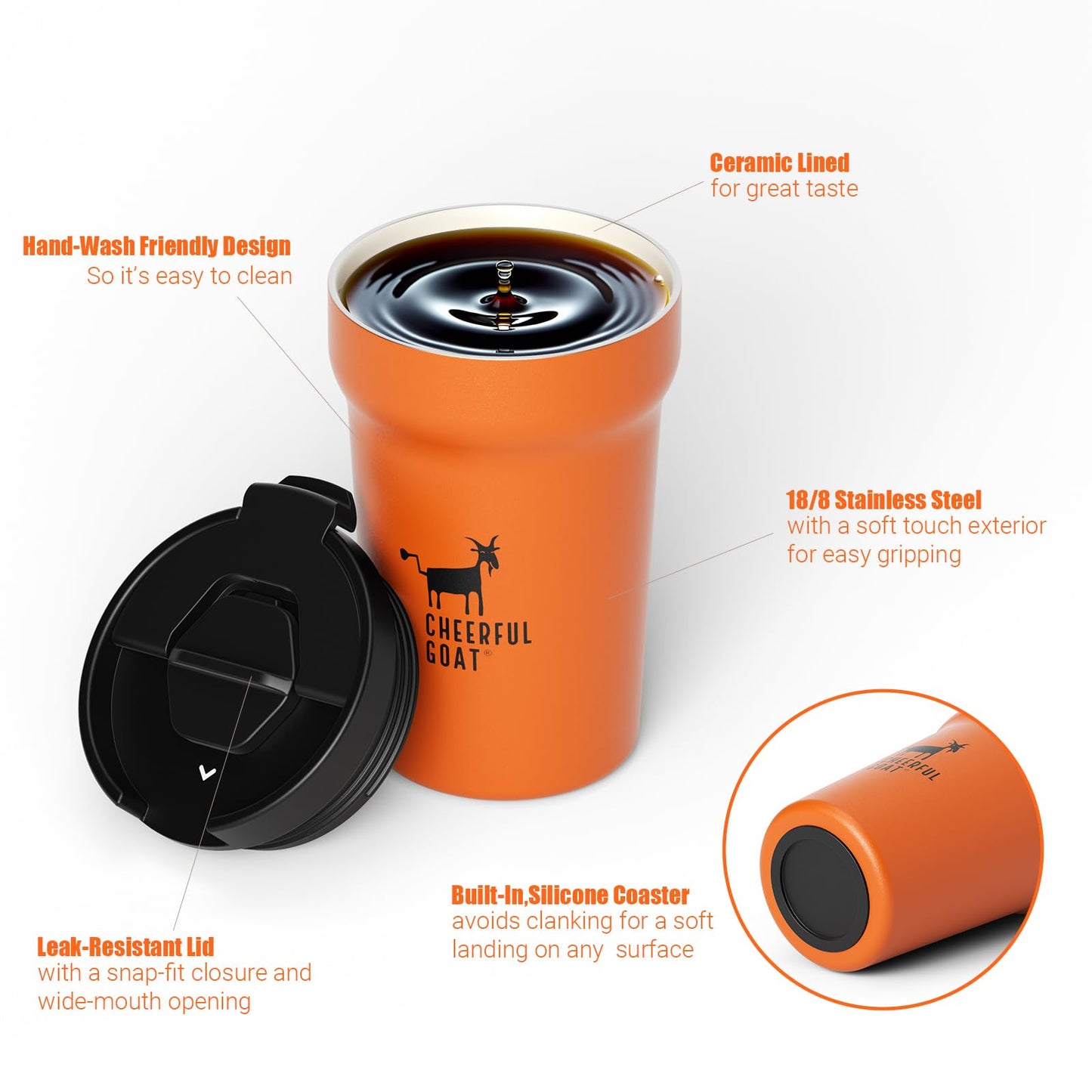CHEERFUL GOAT Insulated Coffee Mug – Stainless Steel Travel Coffee Tumbler with Ceramic Liner, 12oz Coffee Cup for Hot and Cold Water Coffee at Home, Office, or On the Go (orange)