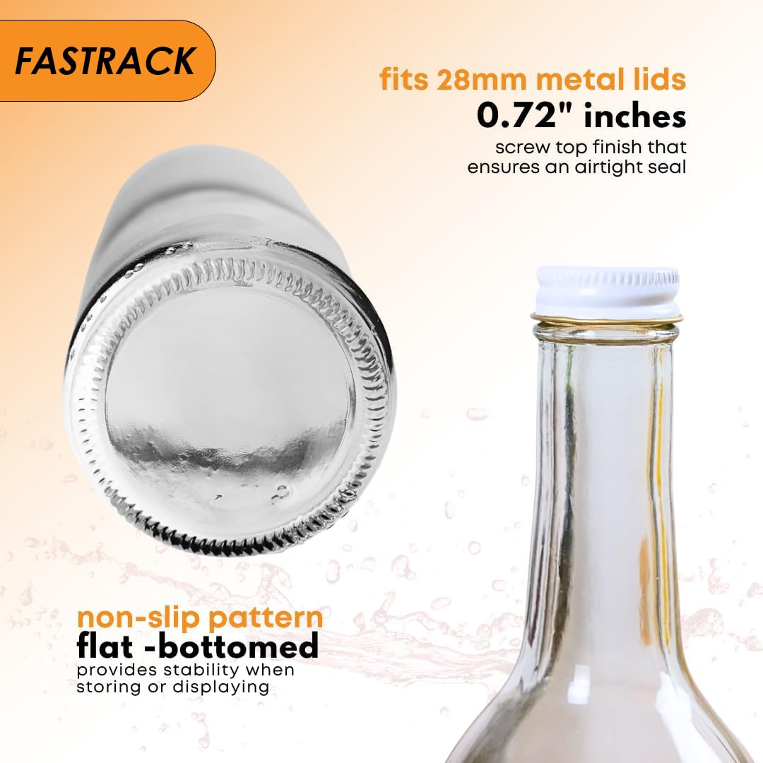 FastRack 750ml Clear Glass Wine Bottles with White Metal Screw Caps (Pack of 12) | Empty W5 Flint Bordeaux Bottles for Homemade Wine, Juice, Kombucha, Spirits & Beverage Storage