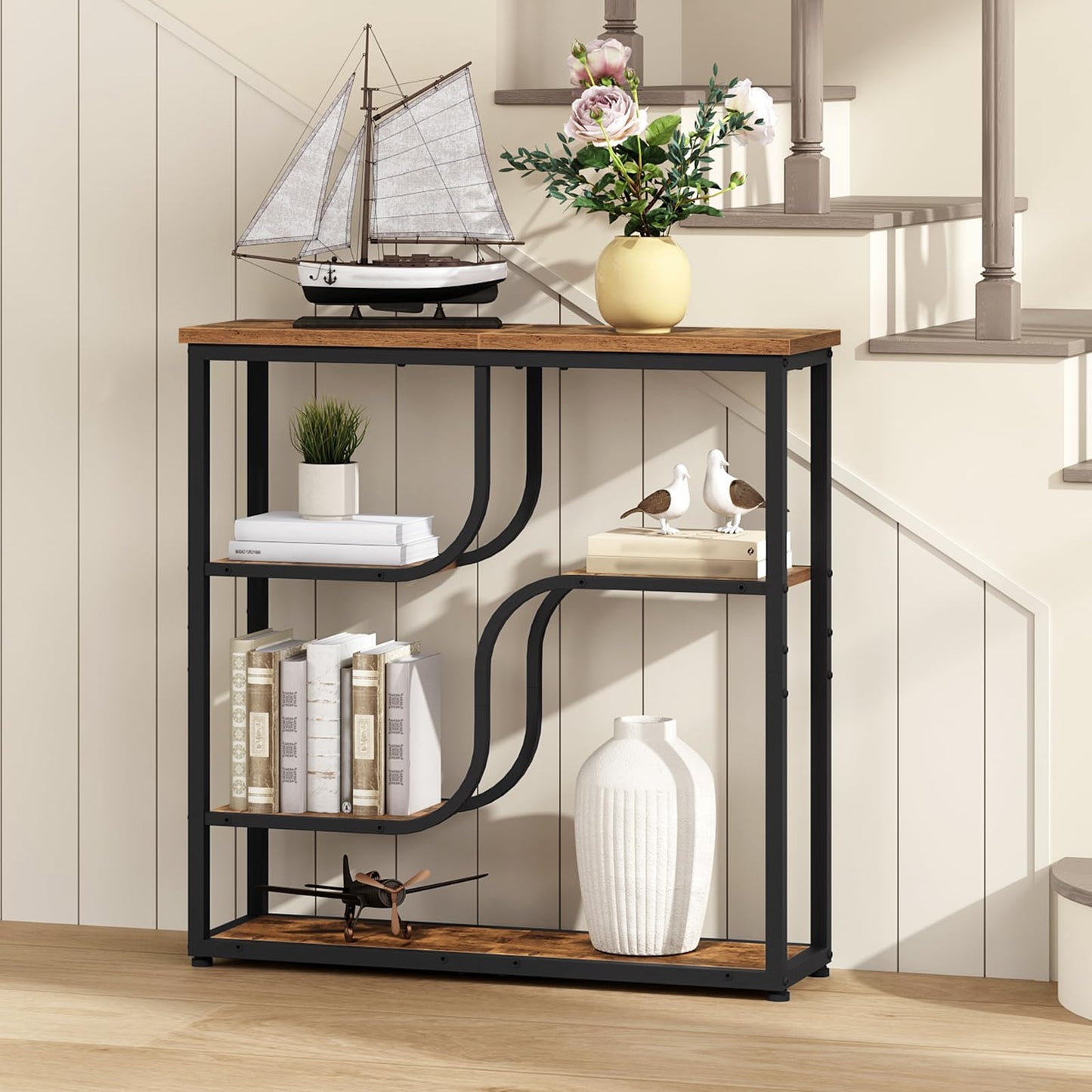 HOOBRO 29.5" Console Table, 5-Tier Narrow Entryway Table, Behind Couch Table with Storage Shelves, Sofa Table for Hallway, Living Rooms, Entryway, Rustic Brown and Black BF69XG01