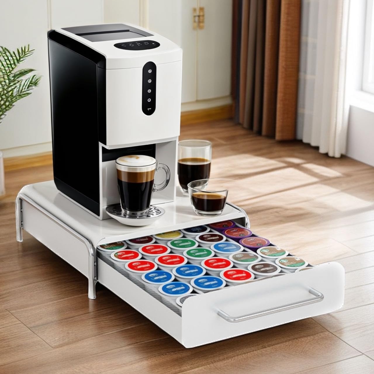 K Cup Holder Drawer, Compatible with K-Cups, 30 Pods Capacity, K Pod Drawer Organizer for Countertop, Coffee Machine Base, Easy Installation (White)