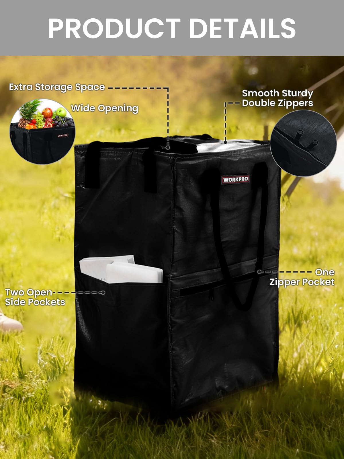 WORKPRO Medium Reusable Grocery Bag on Wheels, Heavy Duty Rolling Shopping Tote with Handle, Folding Trolley on 4 Caster Wheels for Groceries, Laundry, Camping, Moving