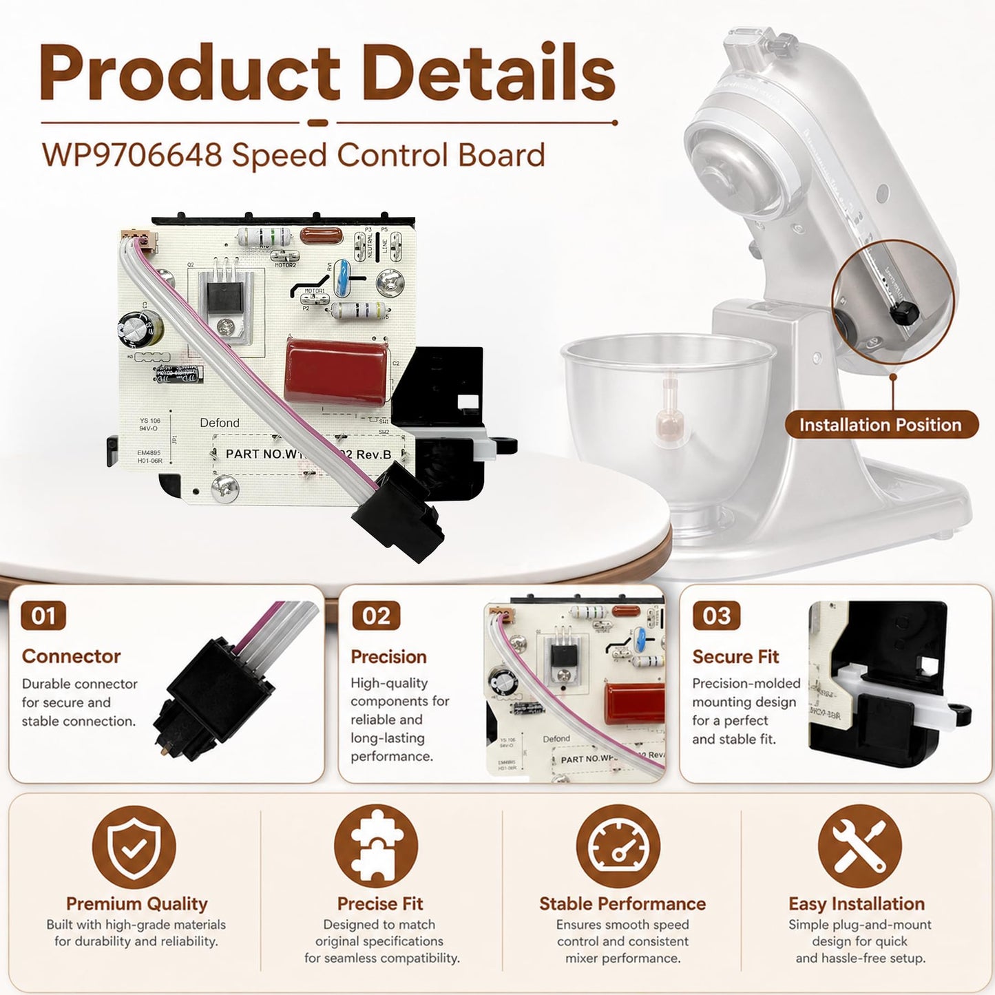WP9706648 9706648 Speed Control Replacement for Whirlpool, KitchenAid Stand Mixer, W10815809 WP9703312 WP9706650 PS11746947 W10814992 Stand Mixer Speed Control Board Swith Mixer Parts 9703312