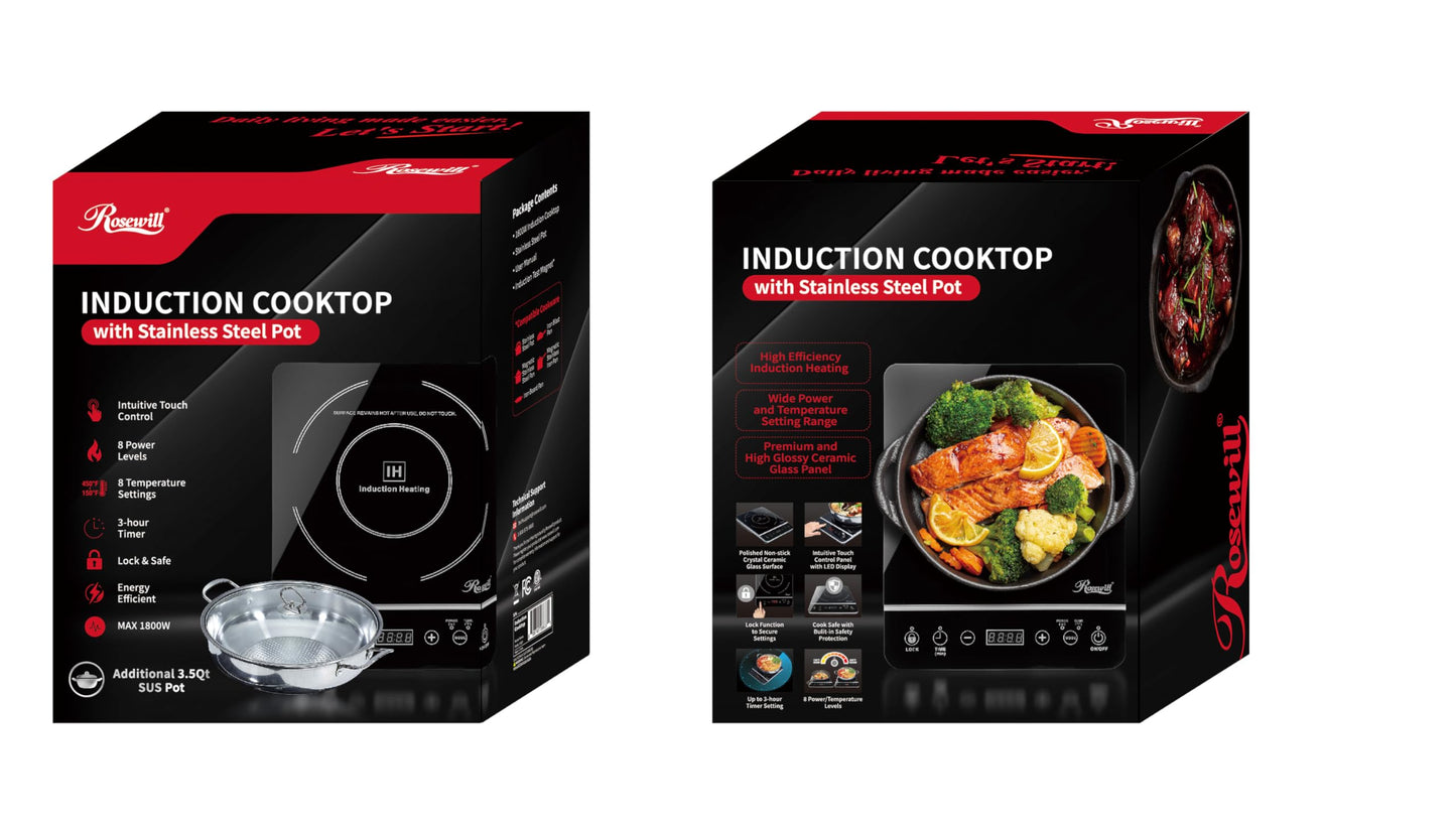 Rosewill Induction Cooker 1800 Watt, Induction Cooktop, Electric Burner with Stainless Steel Pot 10" 3.5 QT 18-8, RHAI-13001