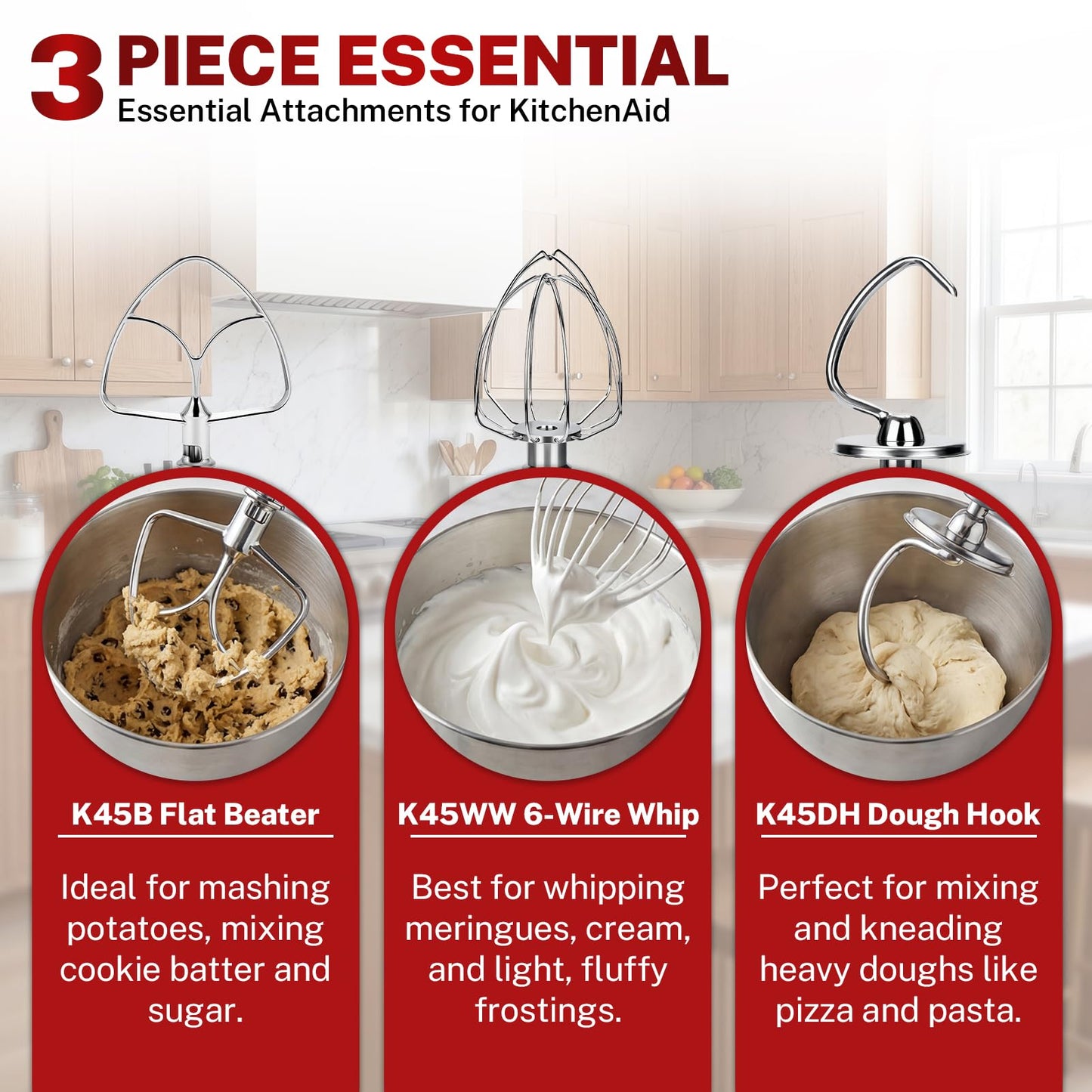Stainless Steel Attachments 3 Piece Set for KitchenAid 4.5-5 Quart Tilt Head Stand Mixer, Includes K45B Flat Beater, K45DH Dough Hook and K45WW Wire Whip, Dishwasher Safe and Heavy Duty