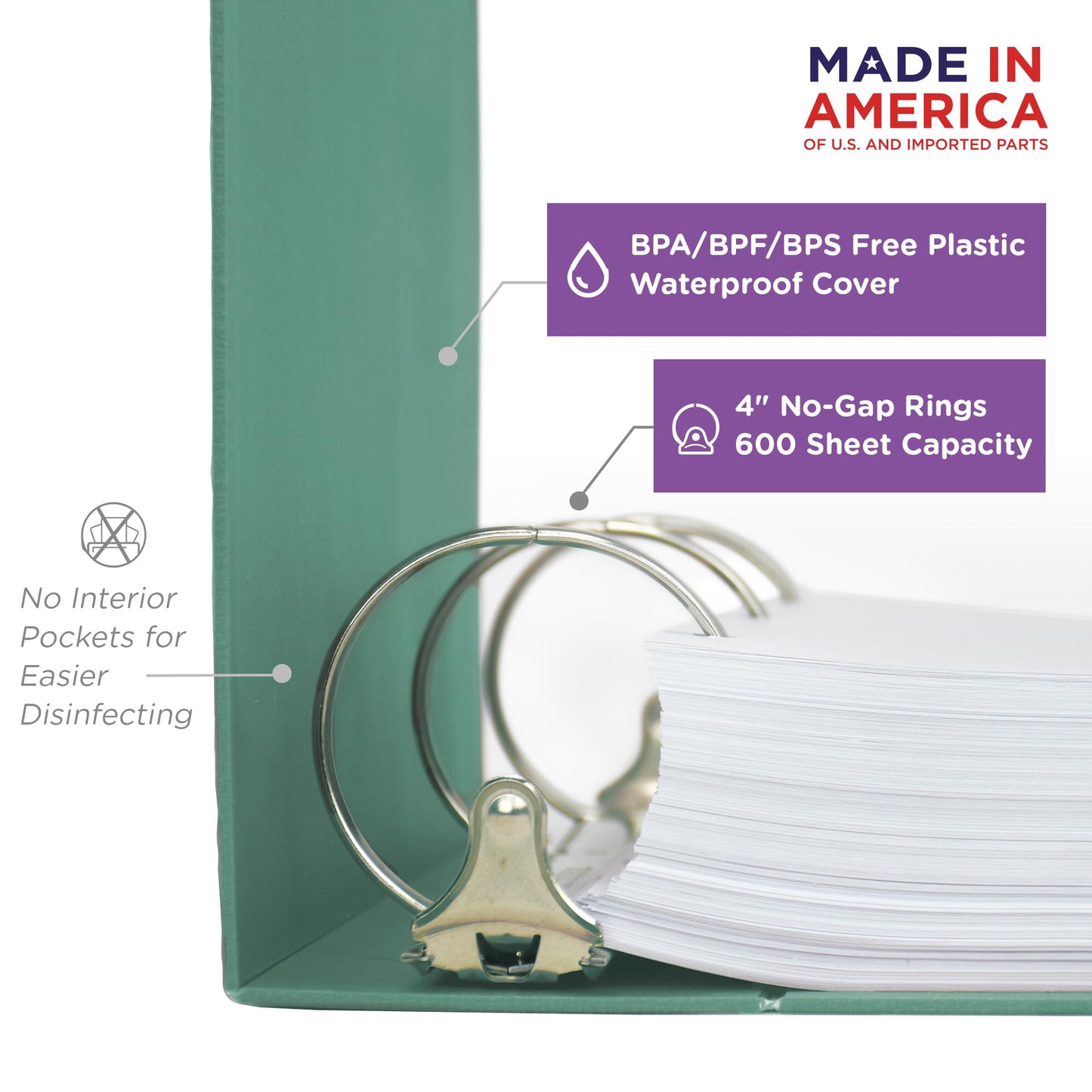 Carstens 4-Inch Heavy Duty 3-Ring Binder - Side Opening, Mint, Durable Plastic, Precision No-Gap Rings, Waterproof Cover, No Pockets, Holds 600 US Letter Sheets, BPA-Free, Made in USA (1844-3R)