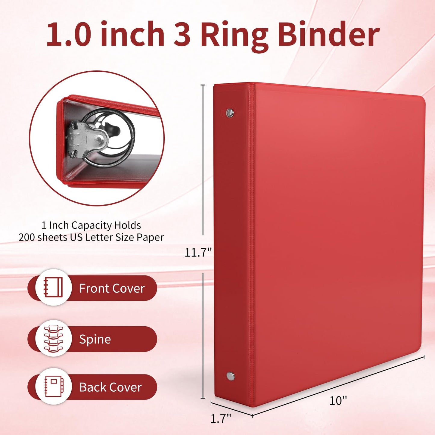 Durable 3-Ring Binder, 1 Inch Round Ring, Clear View Cover with 2 Inside Pockets, PVC-Free, Assorted Colors Binders, Holds 8.5 x 11 Inch Paper, 12 Count