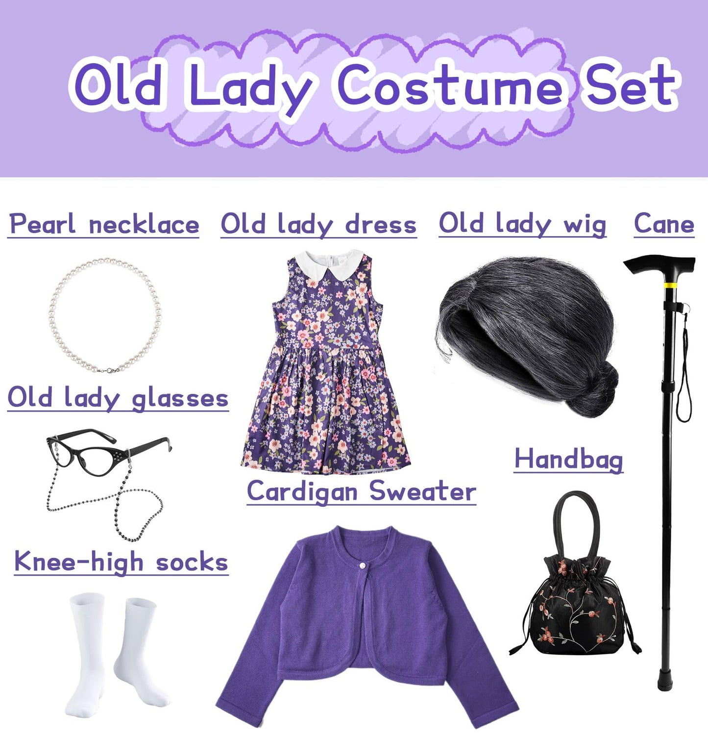 100 Days of School Old Lady Costume for Kids Girls,100th Day Old Lady Wig Granny Grandma Dress Up