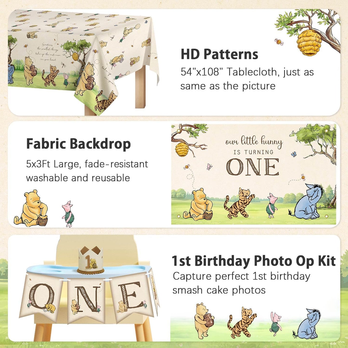 154pcs Winnie First Birthday Decorations Party Set, Classic Pooh Bear 1st Birthday Month Banner, High Chair Banner, ONE Box, Balloon Arch, Crown, Tablecloth, Backdrop, Cake Toppers and Stickers