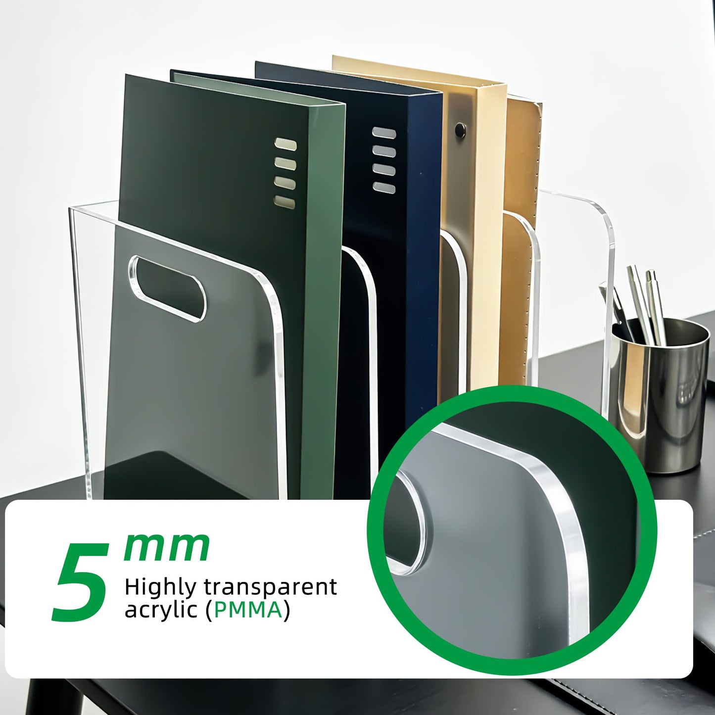 AIDIMOO 4 Vertical Compartments Clear Acrylic Magazine & File Holder – Multipurpose Desk Organizer for Office, Tablets, Magazines, Books – Documents/Home/Classroom Rack