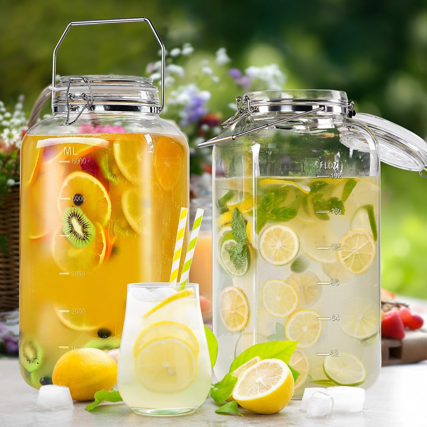 [Upgrade] 2 Gallon Glass Jars with Airtight Lids, 7400 ml Large Wide Mouth Glass Mason Jars with Stainless Steel Handle, Big Storage Jars with Lids, 2 Scale Markings Cereal Containers Storage