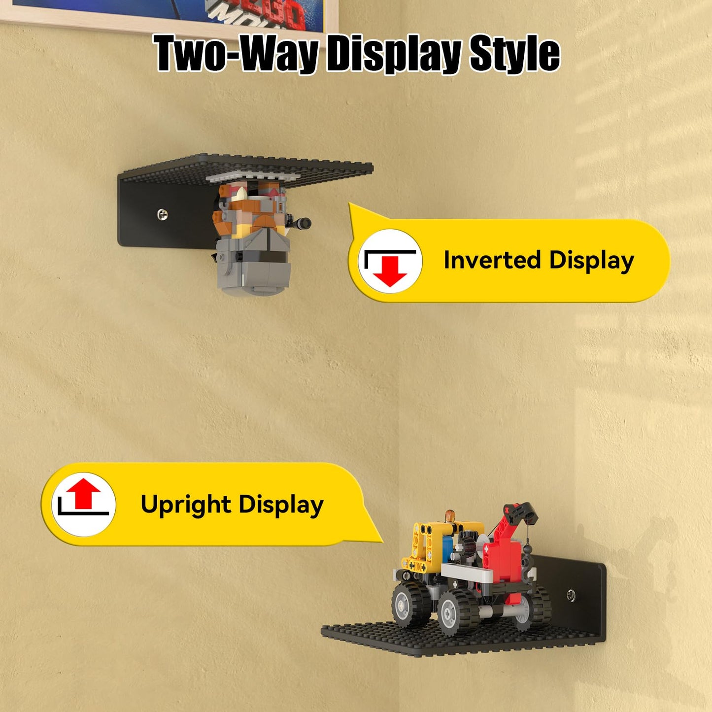 BlissBox 12-Pack Floating Shelves for Wall Compatible with Lego Building Bricks, 5x5.5inch Dual‑Sided 16x17 Studs for Toy Brick Storage and Display, ABS Display Shelves for Room Decor, Black
