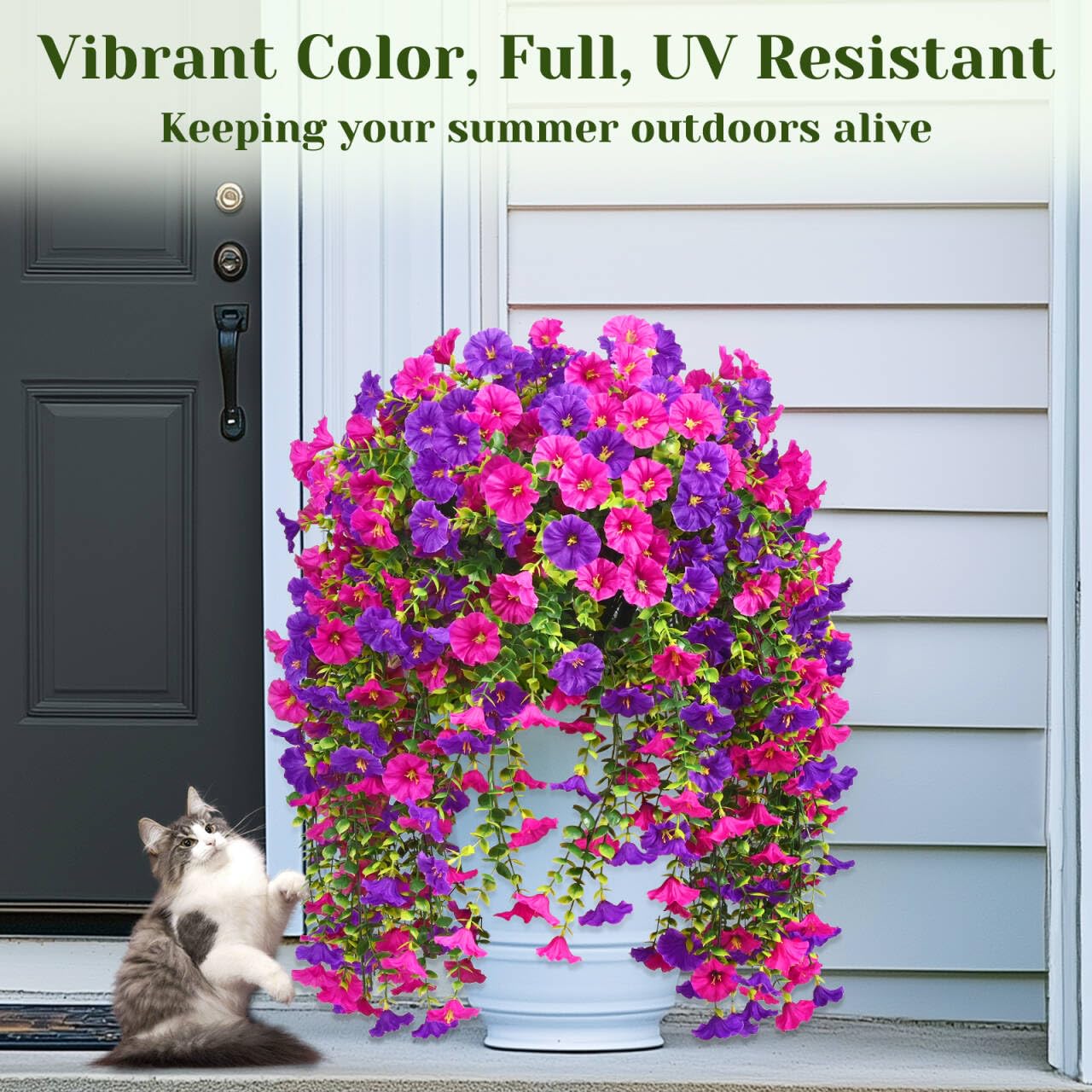 Dolicer 4 Packs Look Real Artificial Flowers for Outdoors, Fake Artificial Hanging Flowers for Outdoors Realistic UV Resistant Hanging Flowers Silk Petunia Faux Flowers for Porch Patio(Purple+Fuchsia)