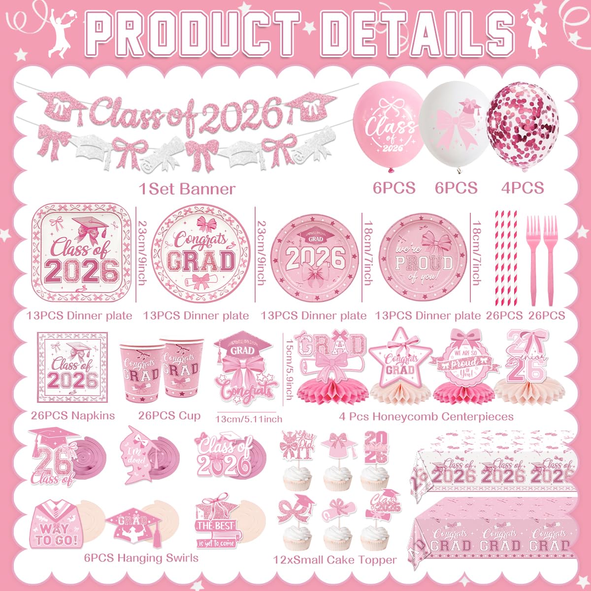 2026 Graduations Decorations Pink Bow Class of 2026 Plates and Napkins Banner Grad 2026 Tablecloth Congrats Grad Cake Topper Hanging Swirls Balloons Graduation Party Supplies