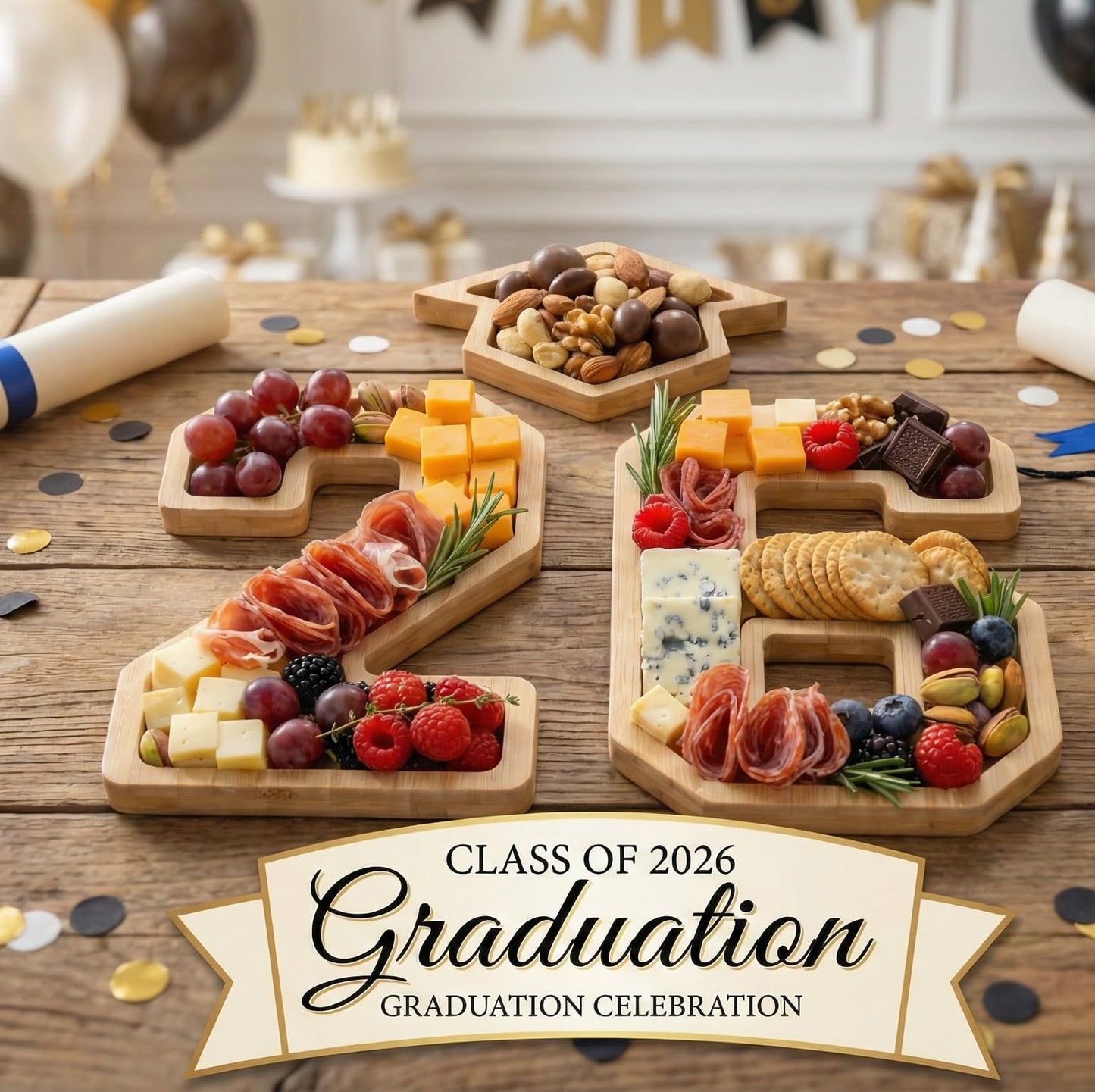 2026 Graduation Decorations - Table Centerpieces - 26 Numbers Charcuterie Board with Graduation Cap - Serving Tray Decoration for Kindergarten Preschool High School College Party Supplies