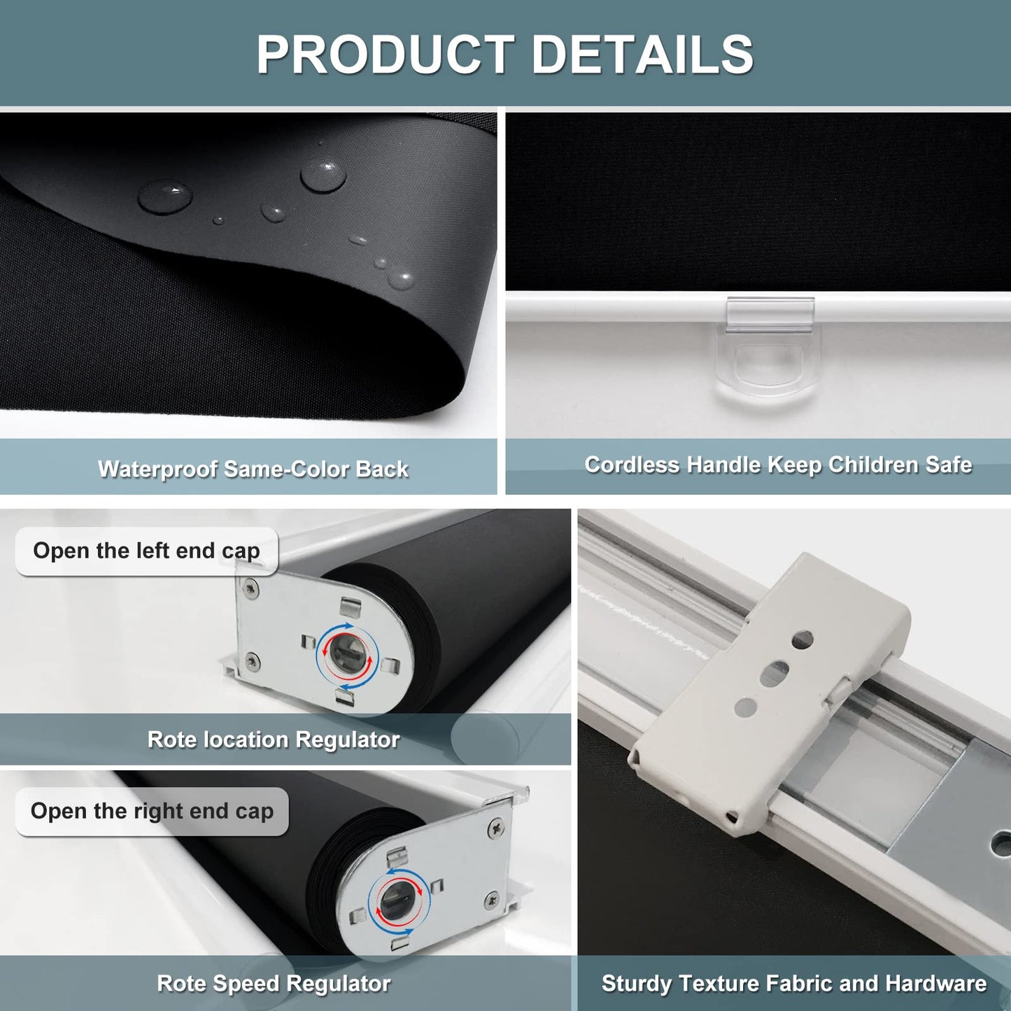 AOSKY Cordless Roller Shades Blackout Blinds for Windows Room Darkening Rolled Up Shades with Spring System, UV Protection Window Shades Door Blinds for Home and Office (34" W x 72" H, Black)