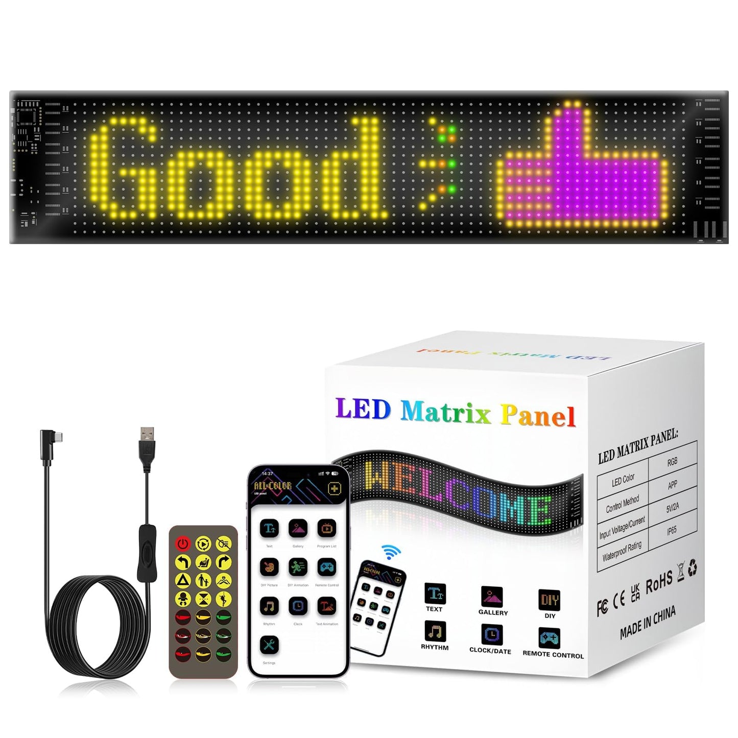 Programmable Led Sign Scrolling Display- Flexible USB 5V Digital Rgb Matrix Panel with Bluetooth App Control, Custom Text, Graphic Dimmable Light Up Board Signage for Car, Shop, Advertising(15"x4")