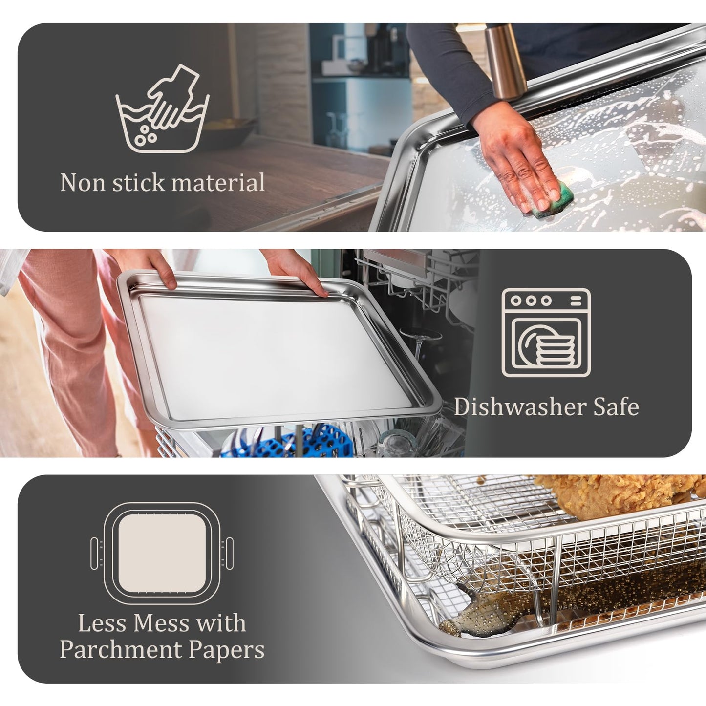 Baccooli Air Fryer Basket for Oven, Stainless Steel Oven Air Fryer Basket and Tray Set, 2 Pack Air Fryer Pan Rack with 100 Pcs Parchment Papers - 15"x11" & 12.8"x9.6" (15"x11" & 12.8"x9.6")