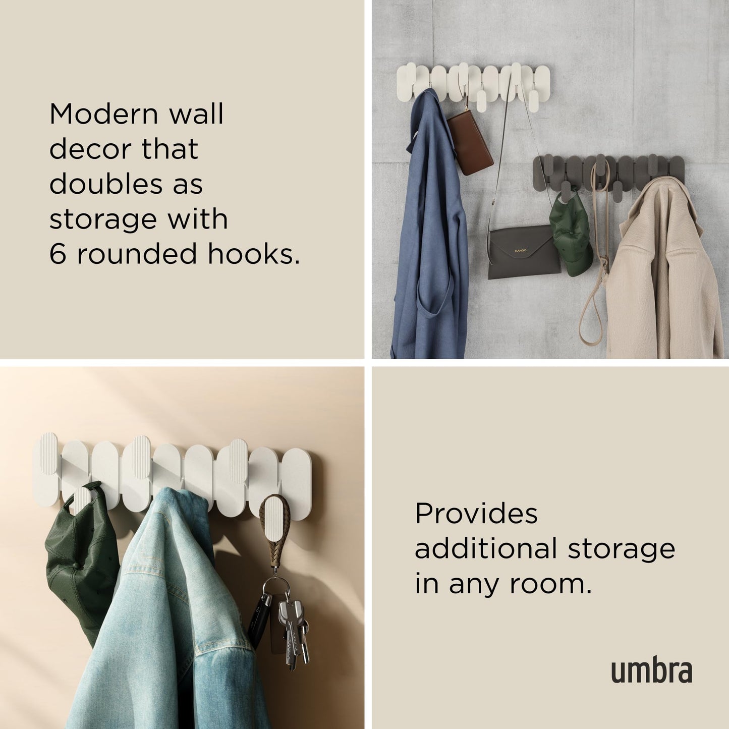 Umbra Tempo Wall Hook – Modern 6-Hook Coat & Towel Rack, Recycled ABS & Wood Fiber, Sand (Beige), Easy Mount Entryway Organizer