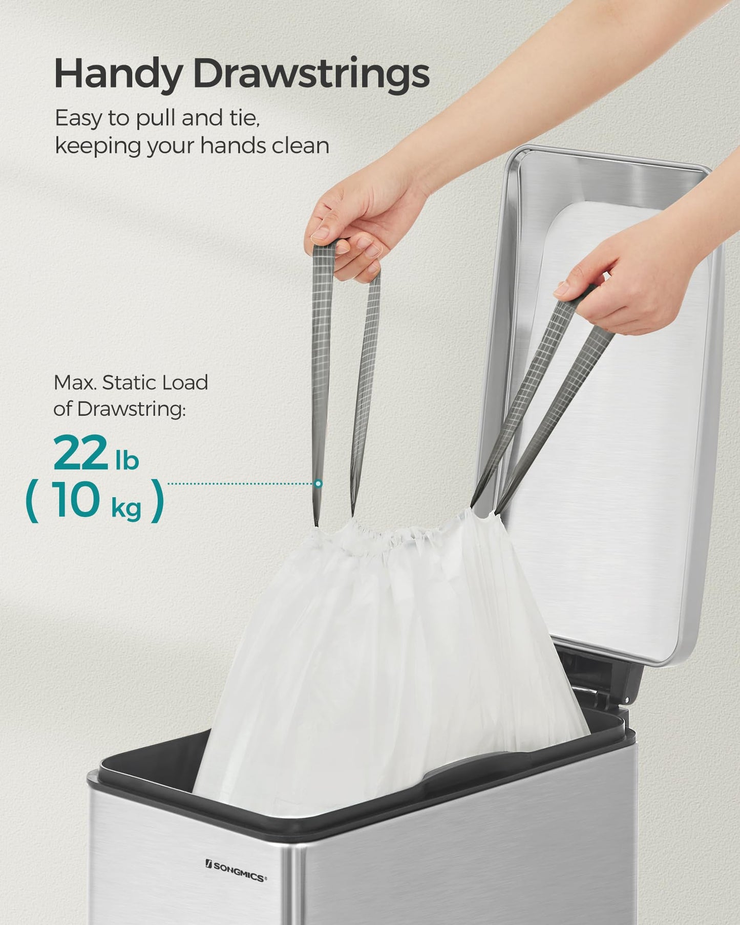 SONGMICS Trash Bags, Drawstring Kitchen Garbage Bags, Pre-Separated, Box-Free Pack, for 12-14.5 Gallon (45-55 L) Trash Cans, Liner Code 055A01, 3 Rolls, 120 Count, White UKRB055A03V1