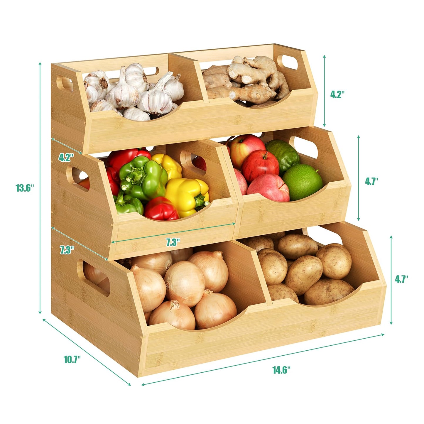 Onion Storage Bins Potato, 3 Tier Bamboo Pantry Storage Bin Stackable Ventilated Kitchen Organizer for Pantry, Countertop, Bathroom, Space-Saving, Easy Access Handle Natural Brown(Assembly Required)