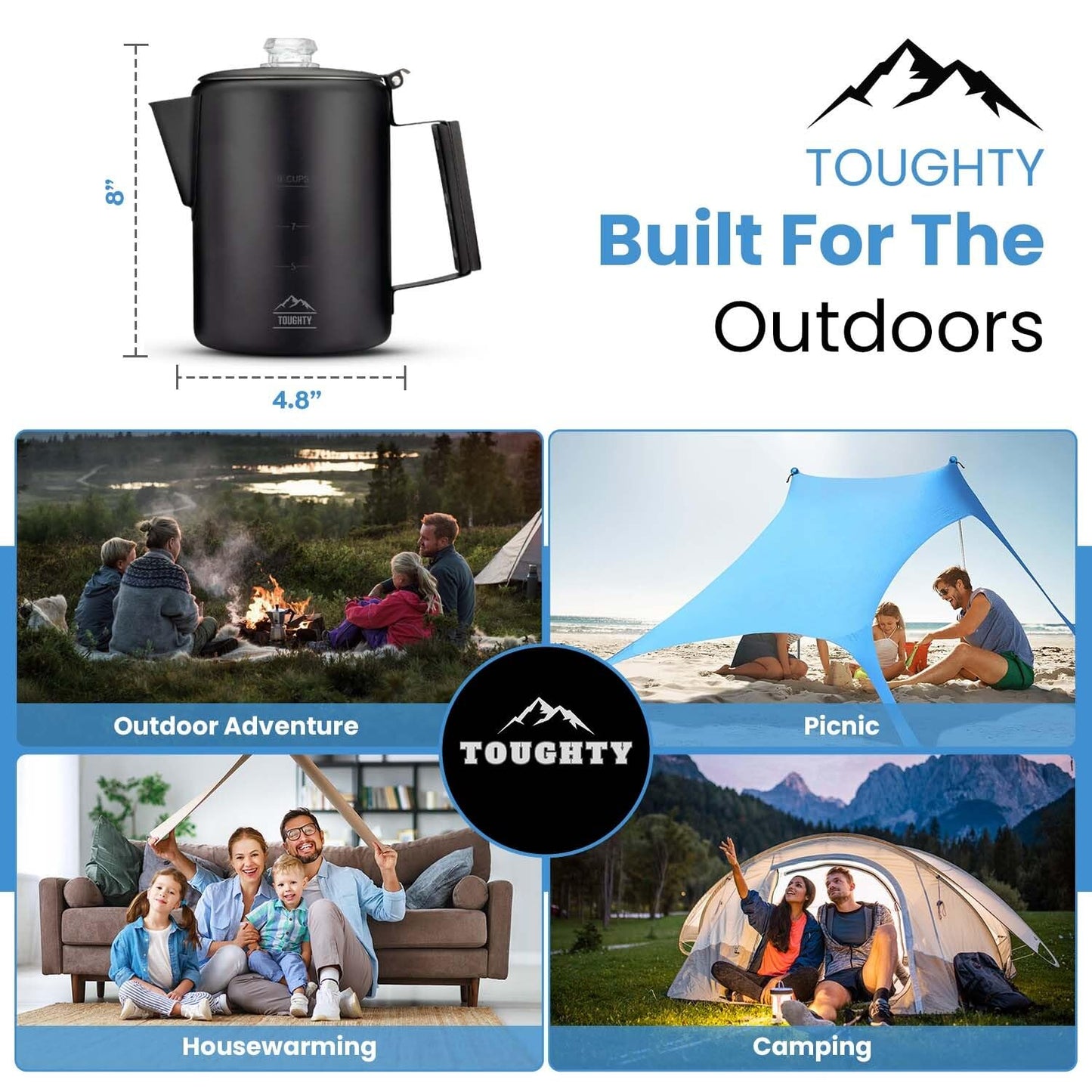 Toughty Yosemite Percolator Coffee Pot – Classic Stovetop Coffee Maker for Camping, Hiking & Home, Durable Stainless Steel Pot, Compatible with All Stovetops – Old-Fashioned 9-Cup Percolator, Black