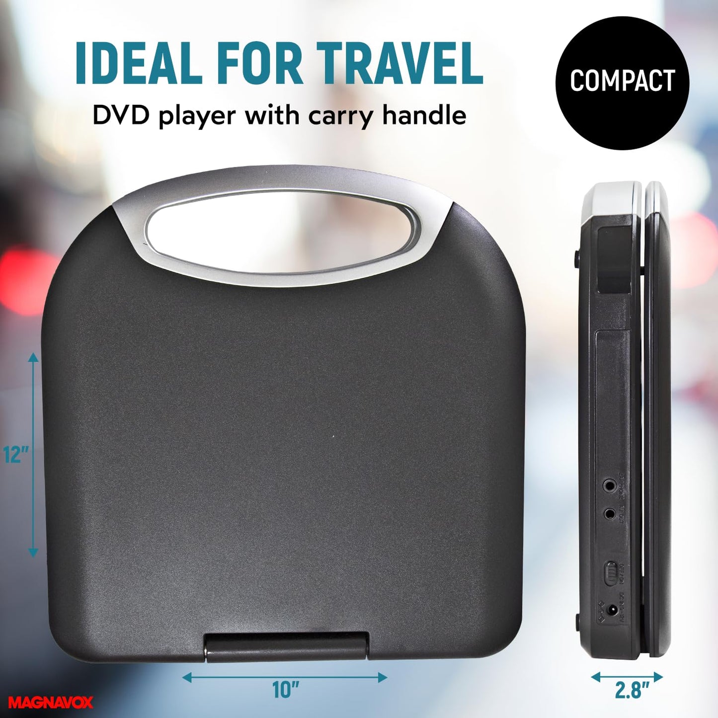 Magnavox MTFT750-BK Portable 7 inch TFT DVD/CD Player with Remote Control and Car Adapter in Black | Rechargeable Battery | Headphone Jack | Built-In Speakers |