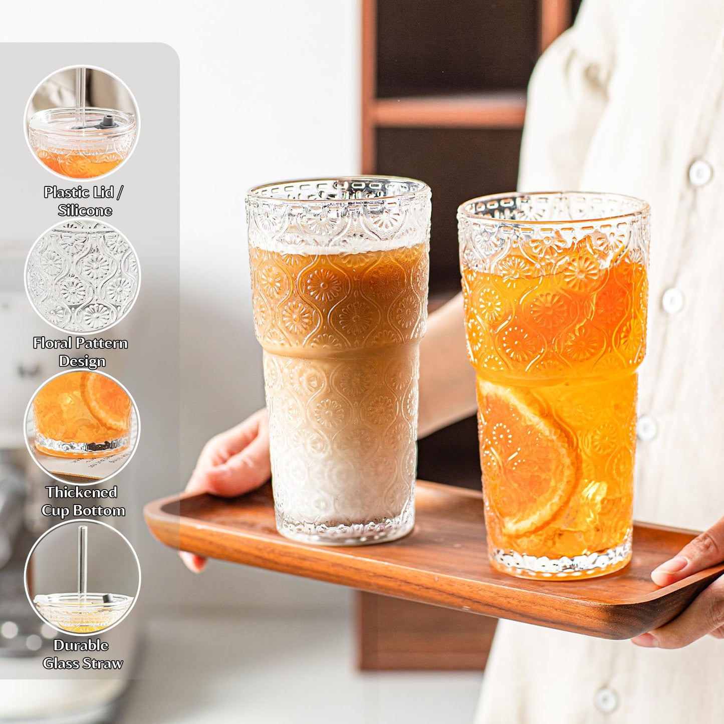 INSETLAN 20oz Begonia Flower Glass Tumbler Set of 4 – Thickened Glass Cups with Lids and Glass Straws for Iced Coffee, Smoothies, Milk, Water, and More – Elegant& Durable Drinkware