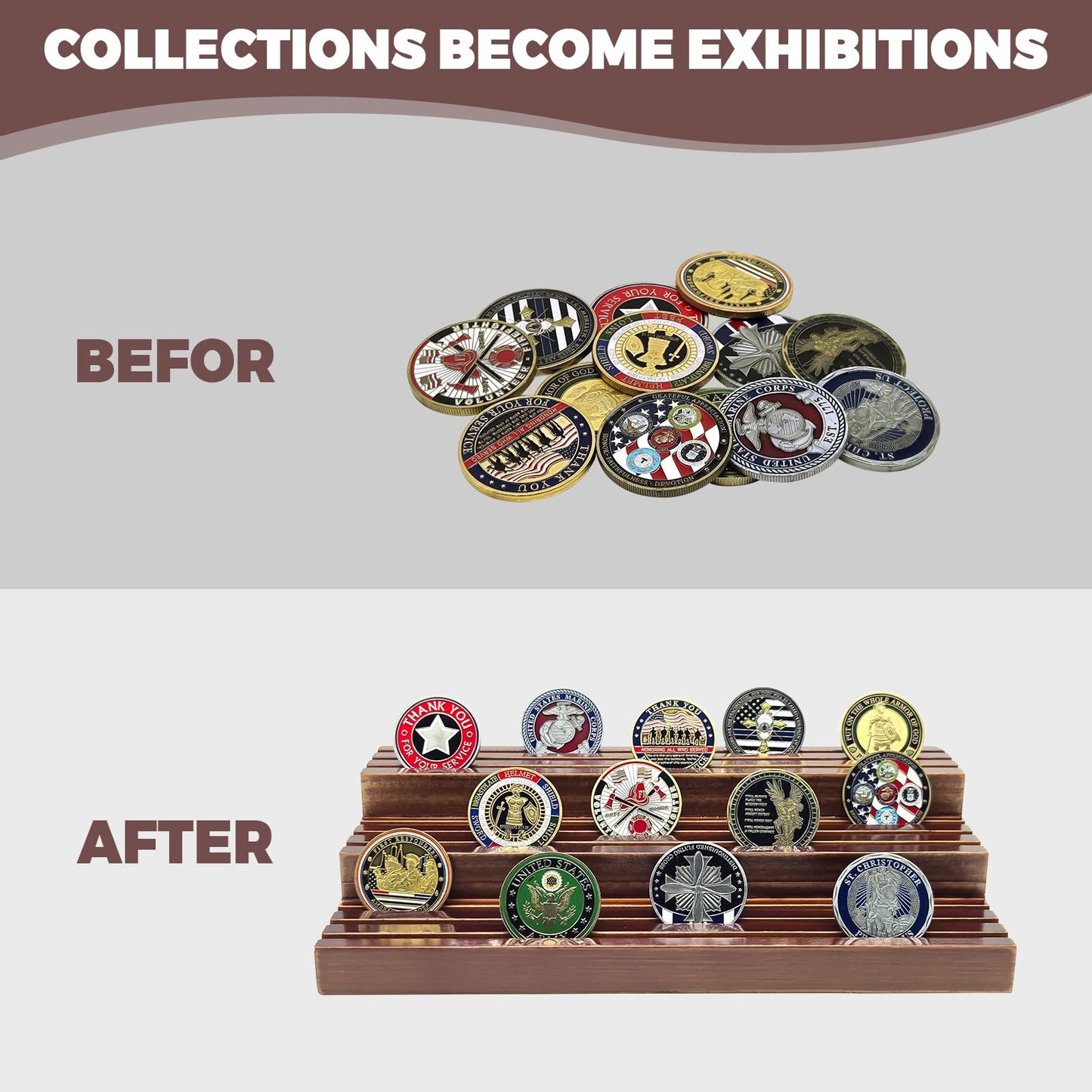 SPVIKISGO Challenge Coin Display Stand, Solid Wood Military Coin Holder Display, 9 Rows of Challenge Coin Holders, Holds 45-60 Coins