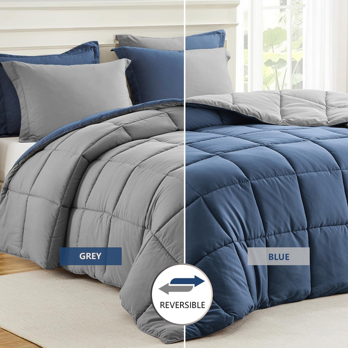 Homelike Moment Queen Comforter Set Blue, Comforters Queen Size Set Lightweight Reversible Down Alternative Bed Comforter Full Size Soft, All Season 3 Piece Sets Blue/Grey