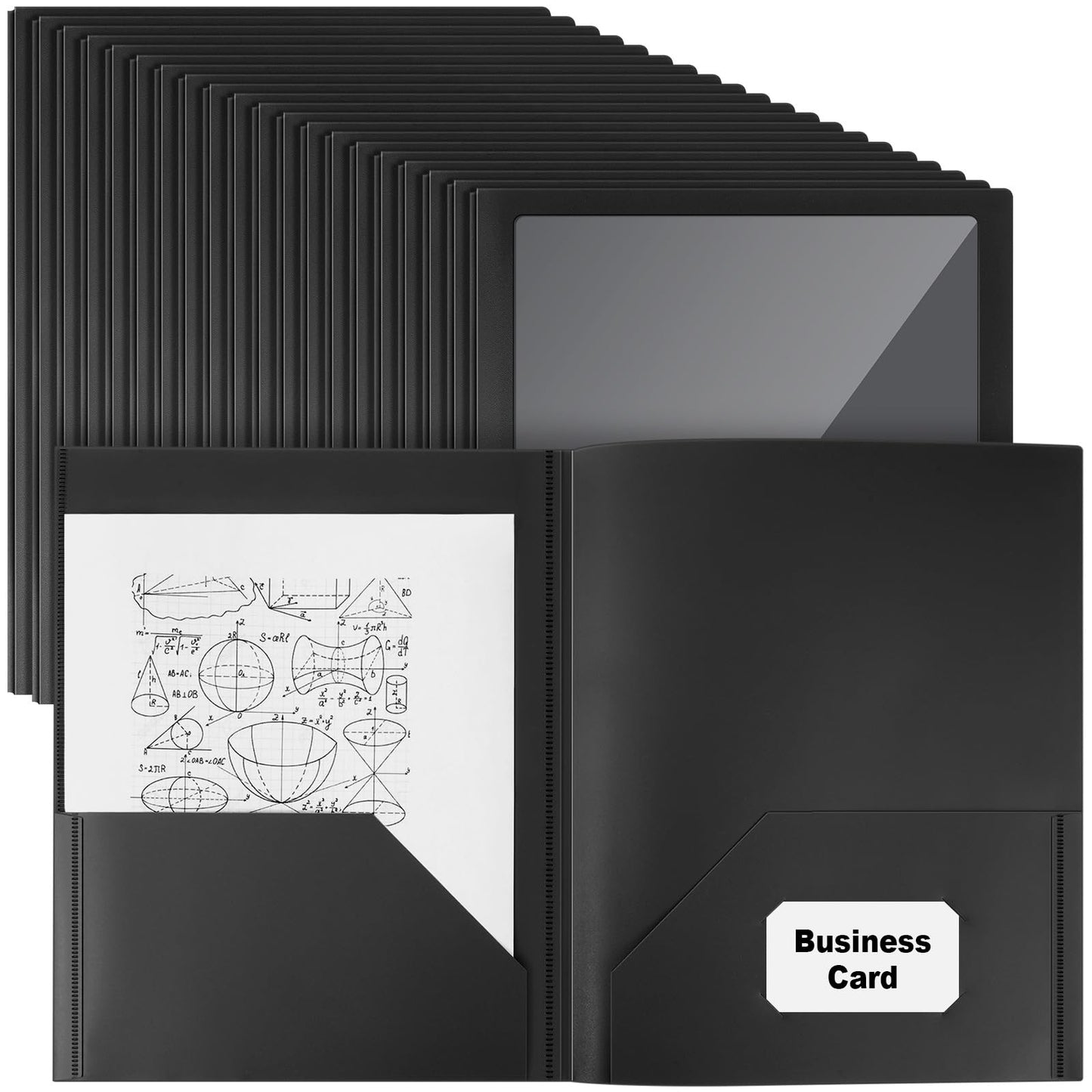 Teling 48 Pcs Plastic Folders with Front Clear Pockets and Business Card Holder 2 Pockets Folders for Letter Size Paper, School Office Financial Statements Supplies Nice Gift for School (Black)