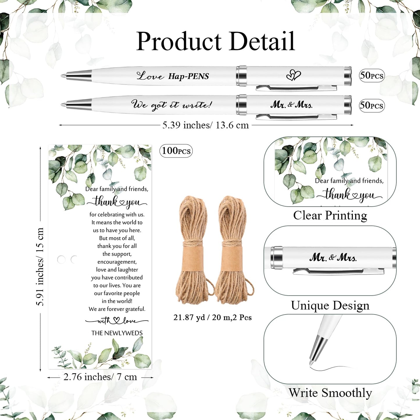 Affrolling 100 Sets Wedding Favors for Guests Bulk Retractable Ballpoint Pen Thank You Cards with Hemp Rope Bridal Shower Gift for Guest Wedding Souvenirs Newlyweds Party Supplies