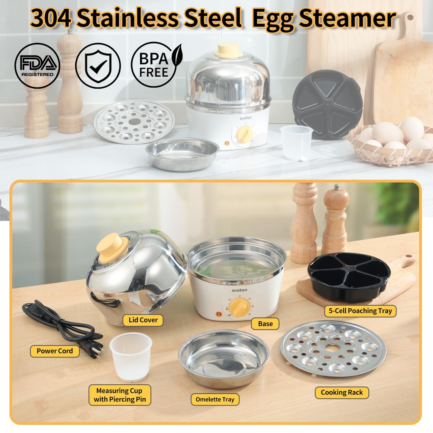 Oroton 9-Egg 304 Stainless Steel Egg Cooker – Steam & Boil Eggs with Timer, Automatic Shut-Off & 3 Cooking Modes (Black)(Hard/Medium/Soft)
