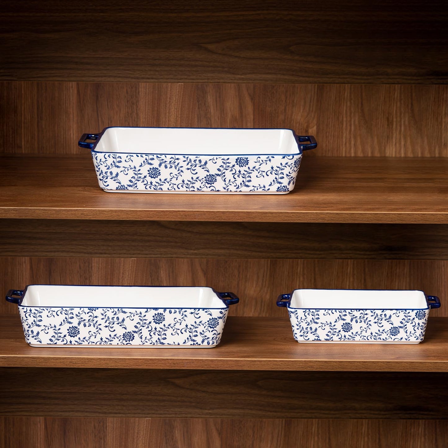 Cerkik Ceramic Bakeware Set - Casserole Dish Baking Dishes for Oven - Rectangular Lasagna Pans with Handles for Kitchen Cooking - Microwave & Dishwasher Safe - Set of 3 (15.1''/13.6''/9.9'') - Blue