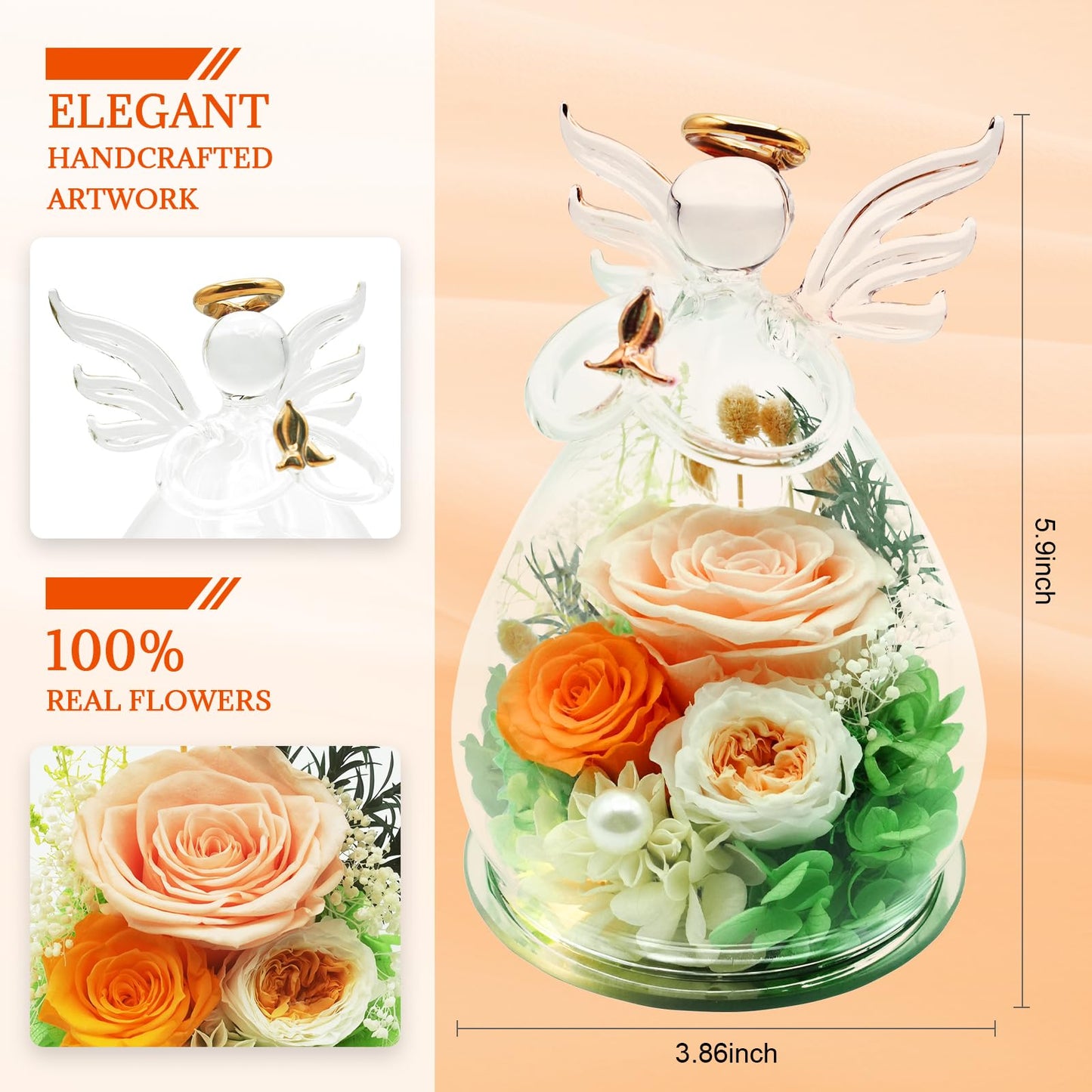 Gifts for Mom Women, Preserved Rose in Glass Angel Figurine, Forever Flowers Birthday Gifts for Her, Mothers Day Anniversary Valentines Gifts for Grandma Wife Daughter Girlfriend, Real Rose Home Decor
