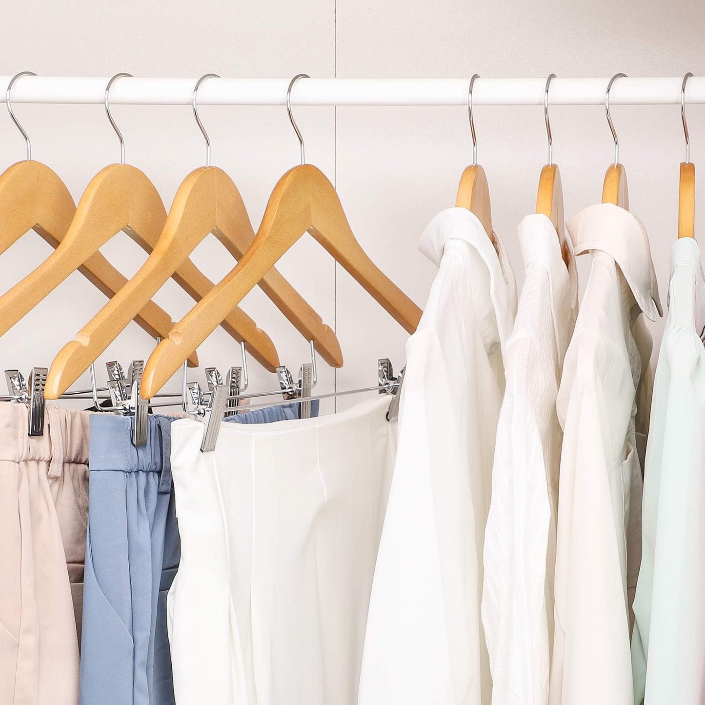 HOUSE DAY 12 Pack High-Grade Wooden Suit Hangers Skirt Hangers with Clips Solid Wood Pants Hanger Natural Smooth Finish Premium Wood Hanger with Durable Metal Clips for Blouse, Dress, Coat, Jacket