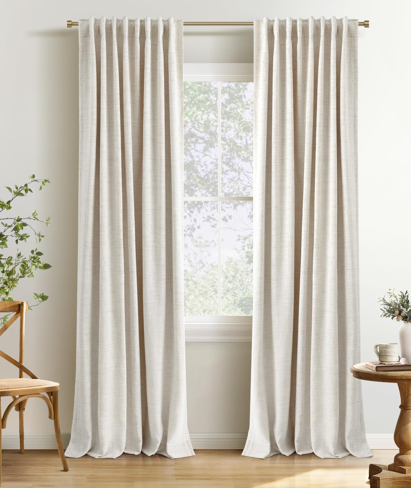 INOVADAY 100% Blackout Curtains 90 Inches Length 2 Panels Set, Back Tab/Rod Pocket Linen Black Out Curtains for Bedroom, Thermal Insulated Window Drapes - Cream, W50 X L90