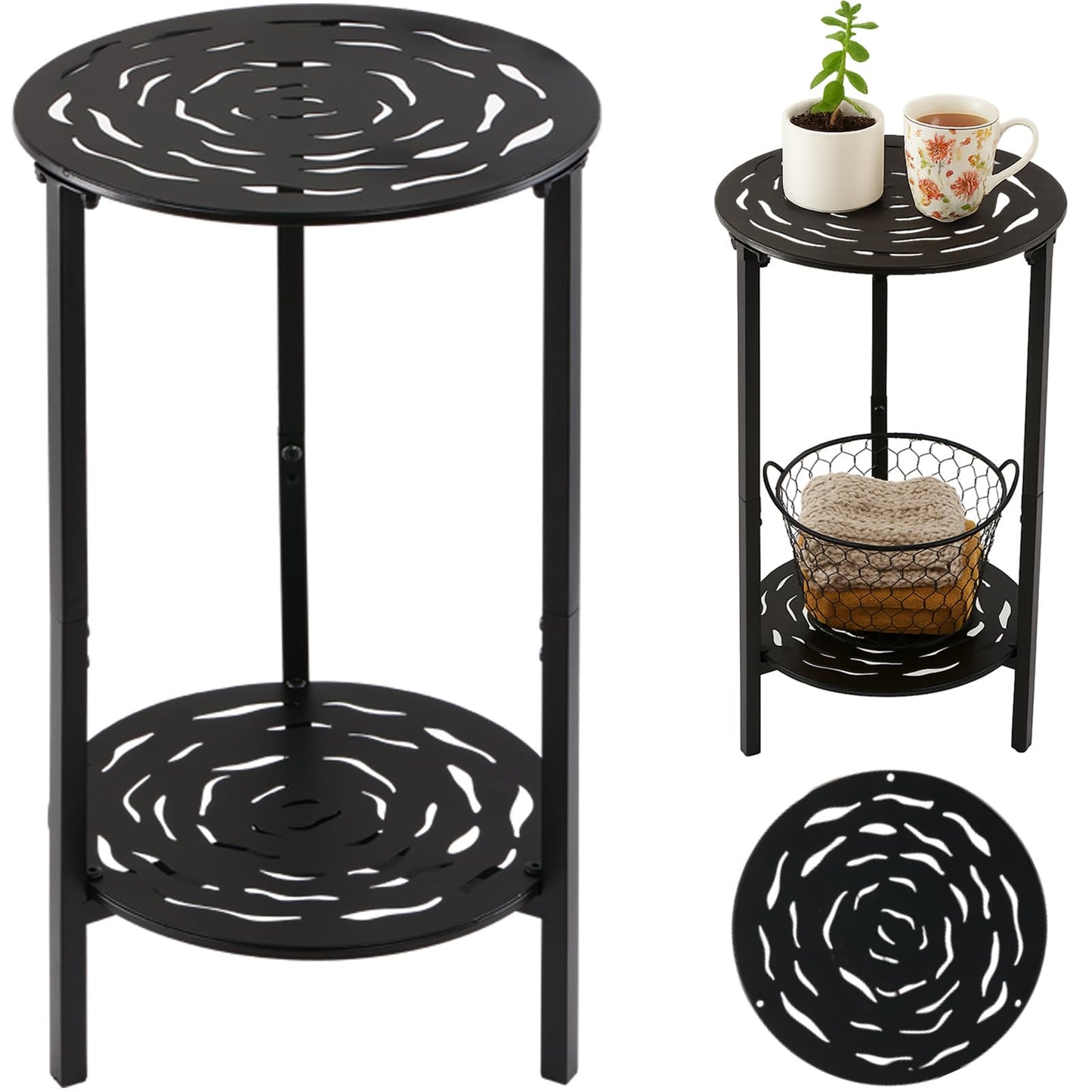 lucpur 2-Tier Metal Round Side Table Black Accent Coffee Tables Small Space Corner Plant Stand Shelf for Indoor Outdoor Use Patio Balcony End Table Laser-Cut Floral Pattern Weather-Resistant