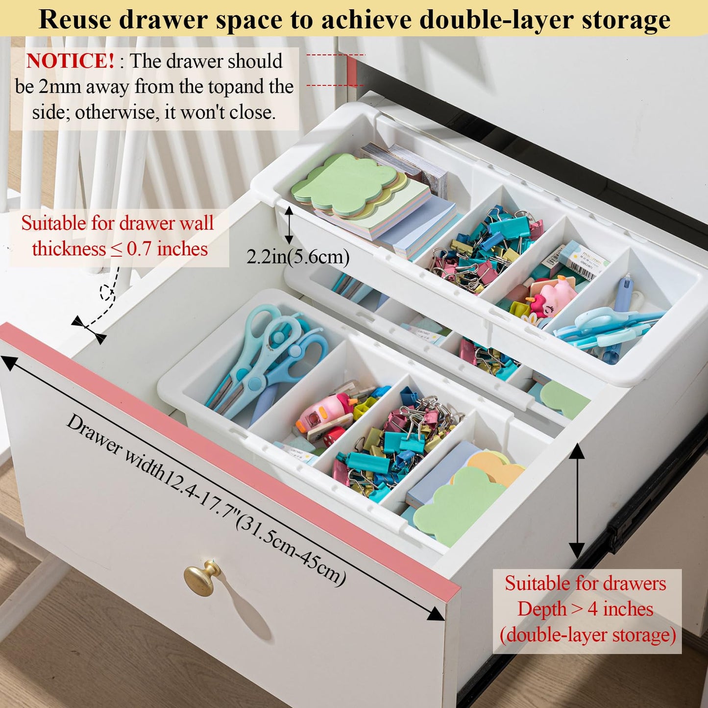 BrightRow 4 Pcs Expandable Drawer Organizer Bins Adjustable Deep Drawer Hanging Organizer Tray Expandable 11.4 to 18.1 Inches Plastic Dividers Storage for Office Bathroom Bedroom Kitchen Desk, White
