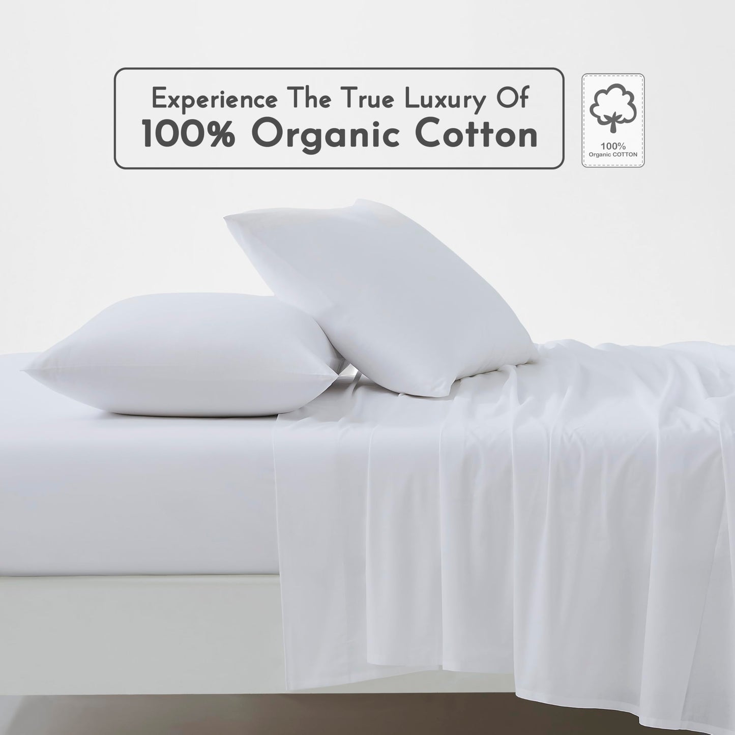 Linen Closet 100% Organic Cotton Twin Sheet 3 Pcs Set, Cotton Sheets with 16” Deep Pocket, Arctic White | Bed Sheets for College Dorm Essential, Crisp & Breathable, Percale, Comfy, Naturally Cooling