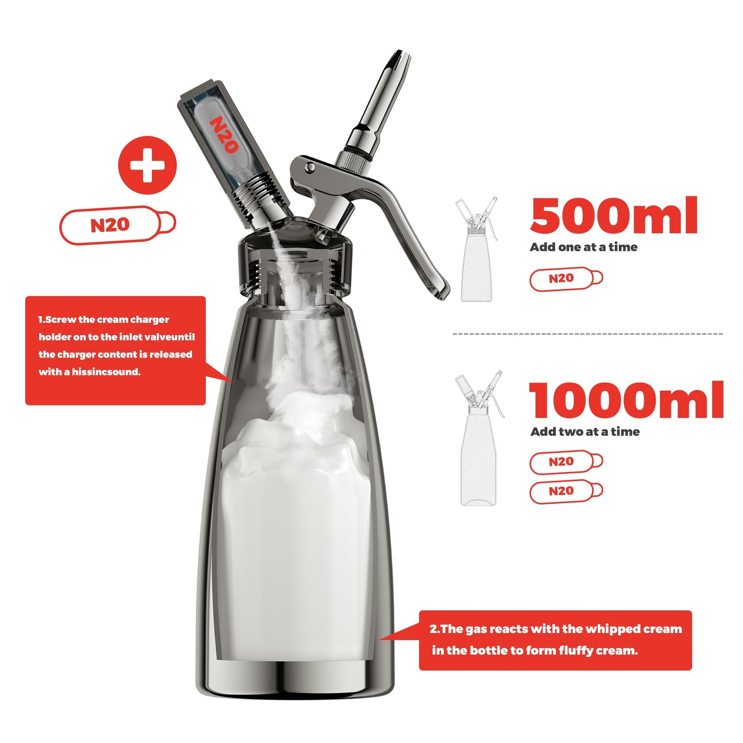 Professional Aluminum Whipped Cream Dispenser - 1000 mL/2 Pint,Leak-Free Whipped Cream Maker Canister with 8 Decorating Nozzles & Cleaning Brush - N2O Chargers (Not Included) (Silver, 1000ml)